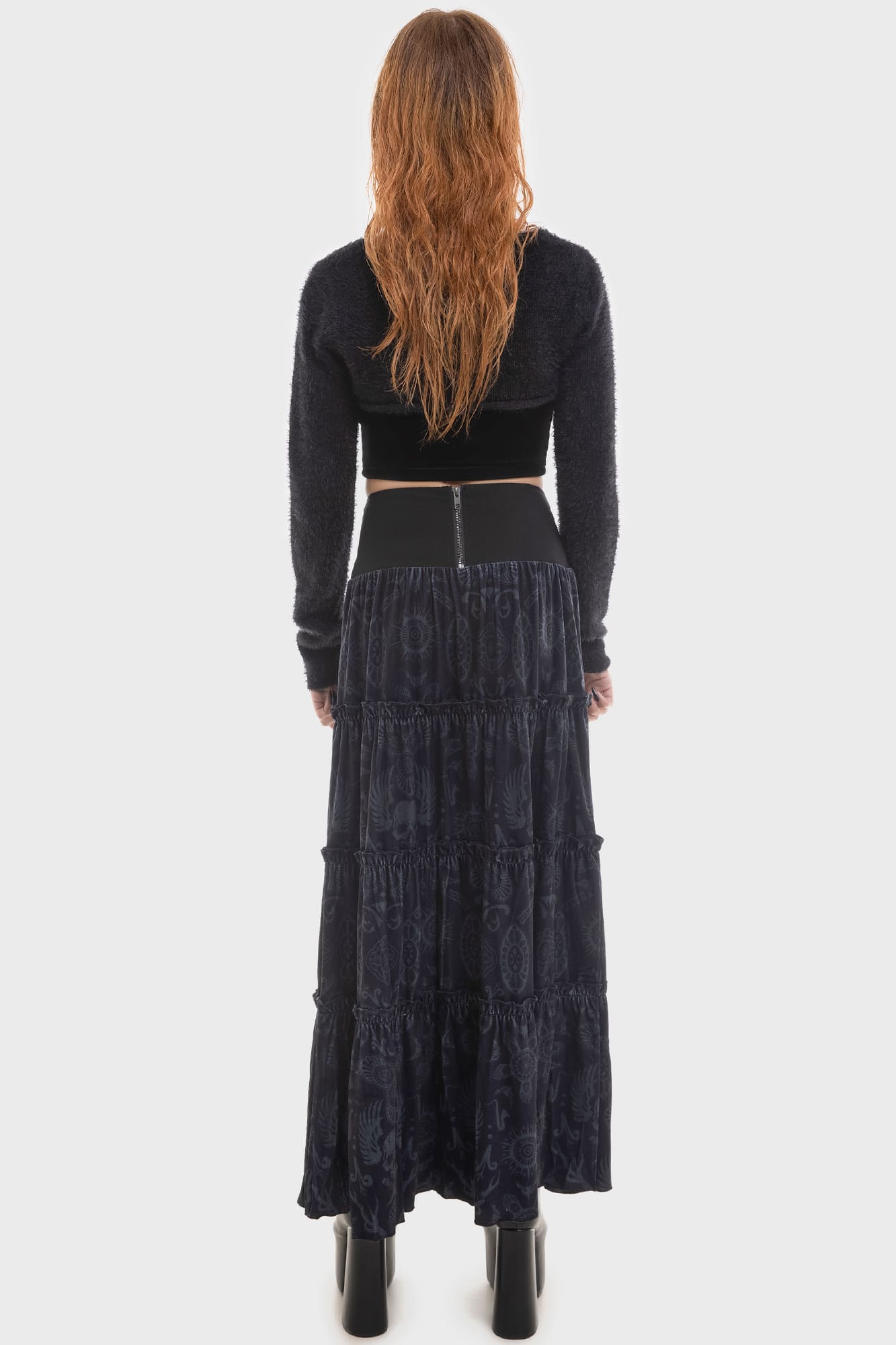 Lost Boys Half Vamp Velvet Maxi Skirt - Gothic Tiered Ruffles