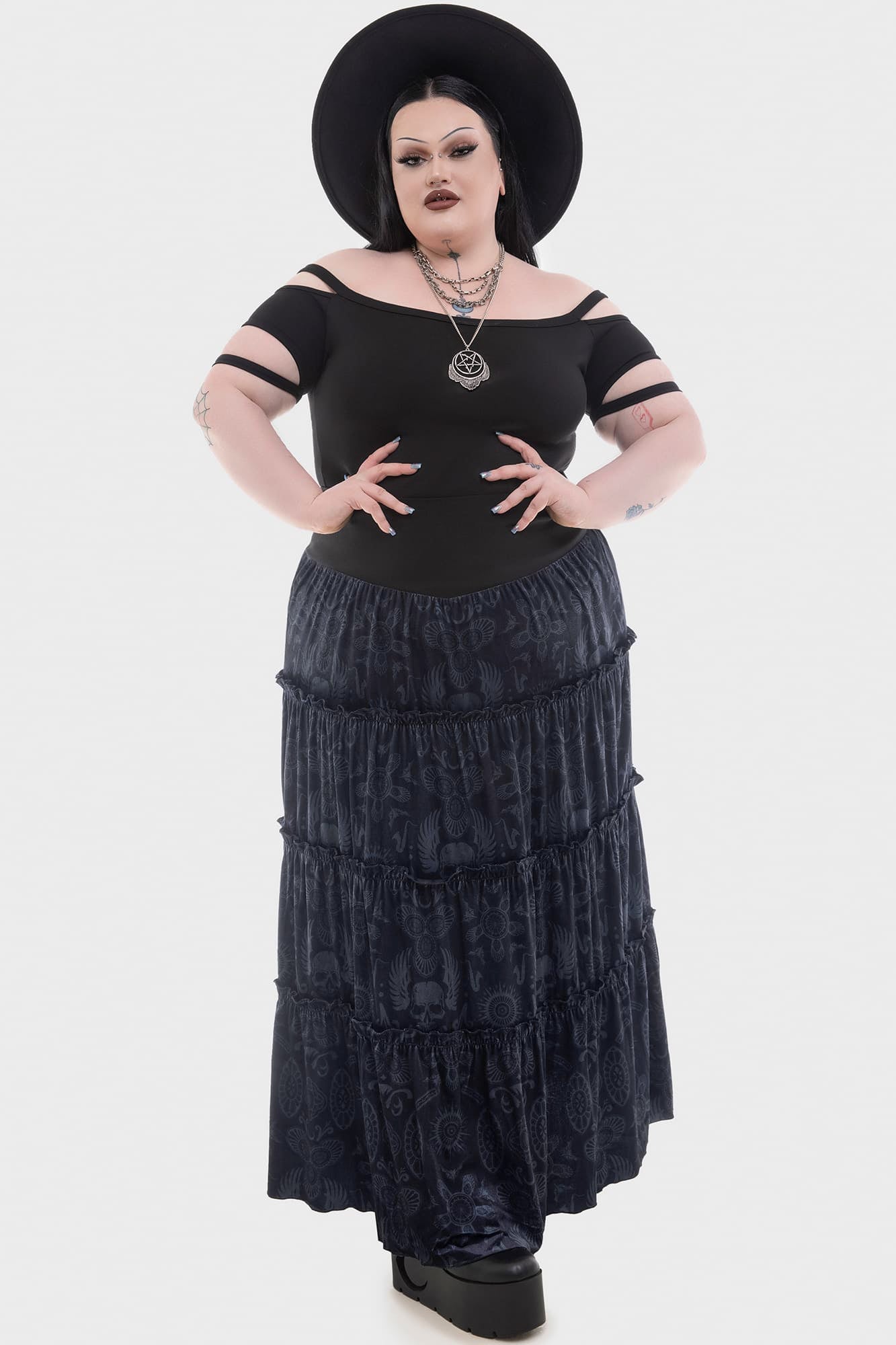Lost Boys Half Vamp Velvet Maxi Skirt - Gothic Tiered Ruffles