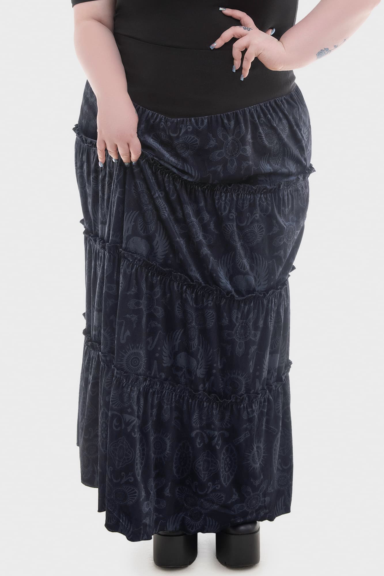 Lost Boys Half Vamp Velvet Maxi Skirt - Gothic Tiered Ruffles