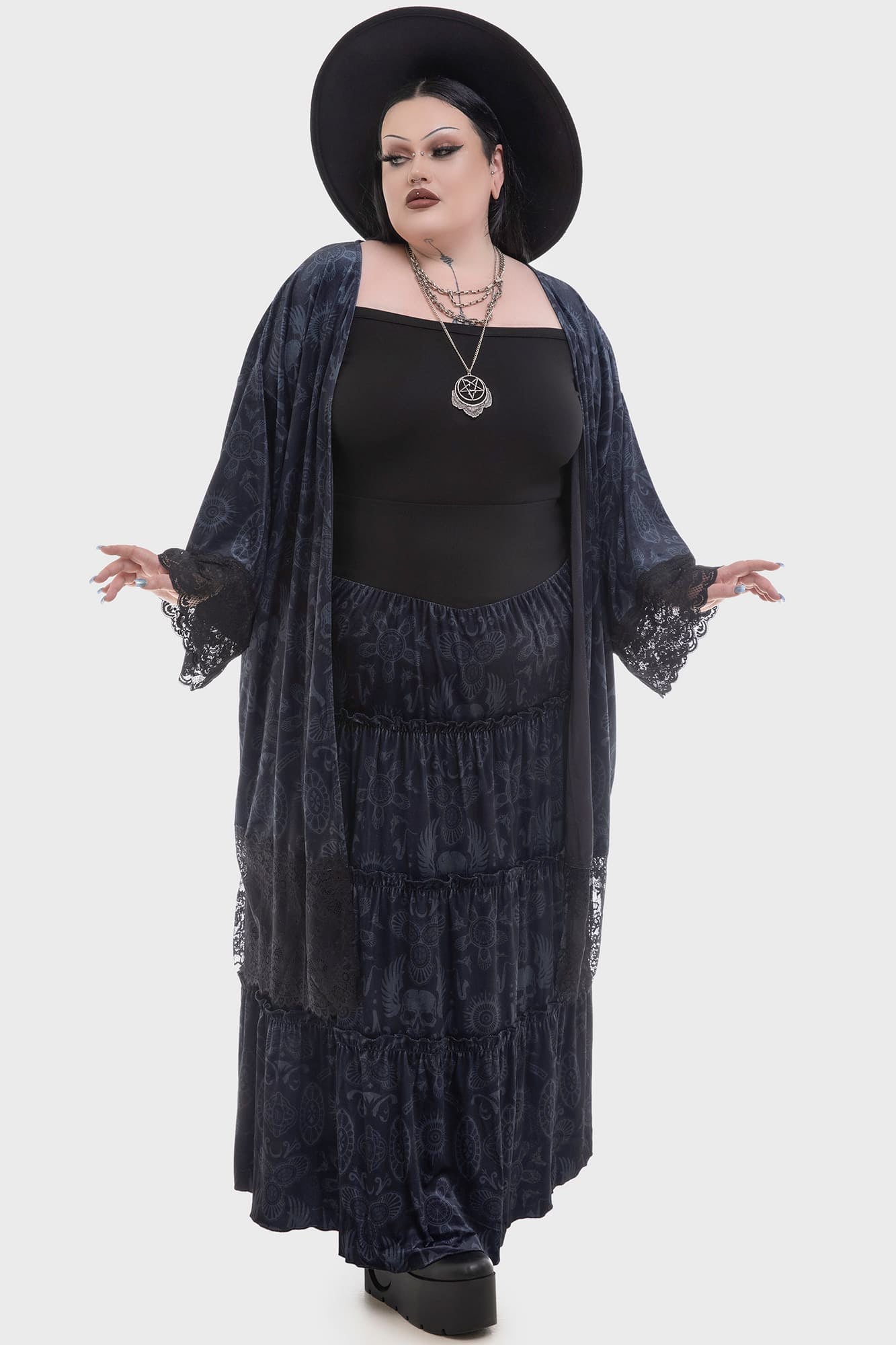 Lost Boys Half Vamp Velvet Maxi Skirt - Gothic Tiered Ruffles