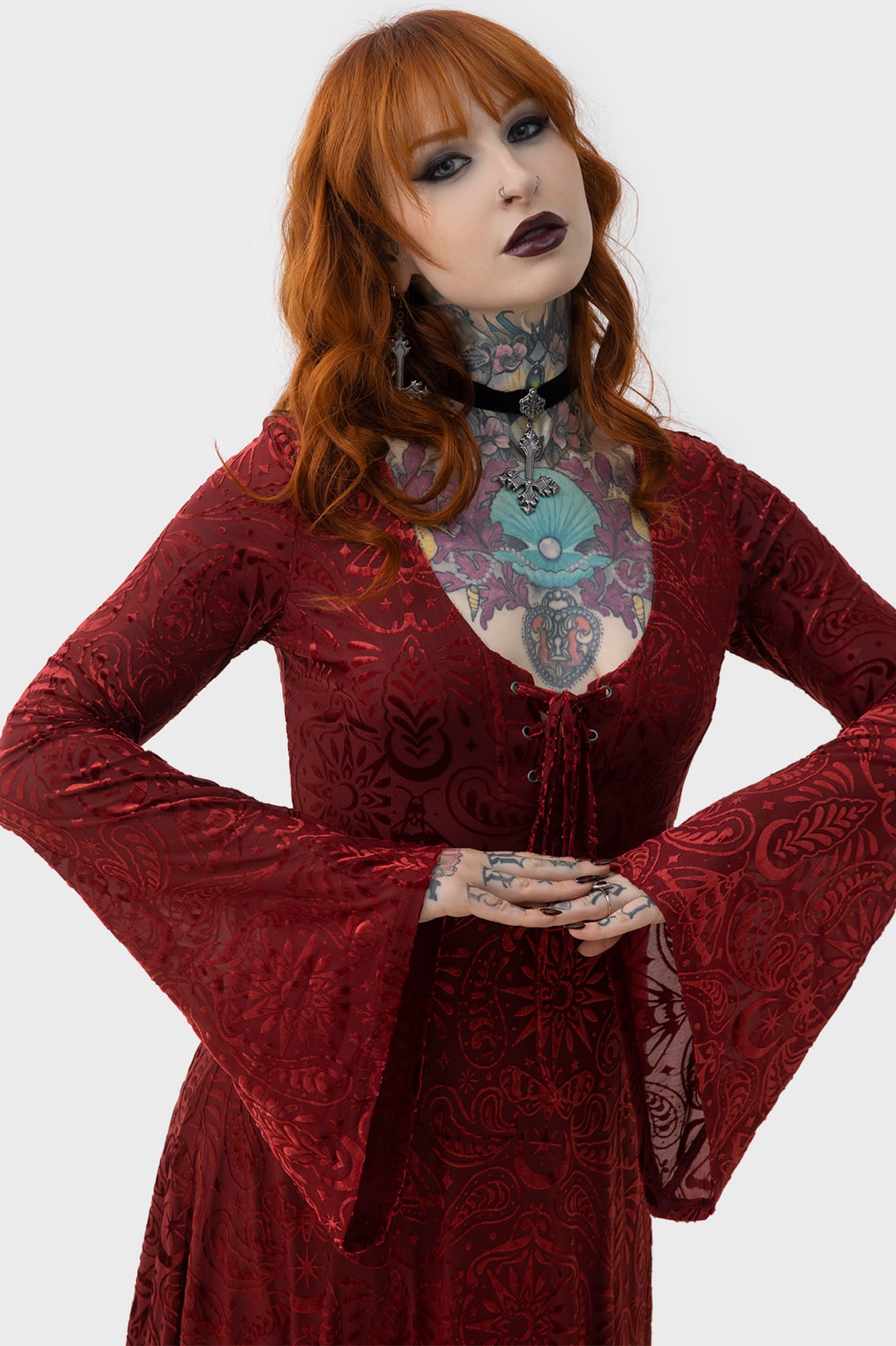 Killstar Lepidoptera Velvet Midi Dress with Bell Sleeves