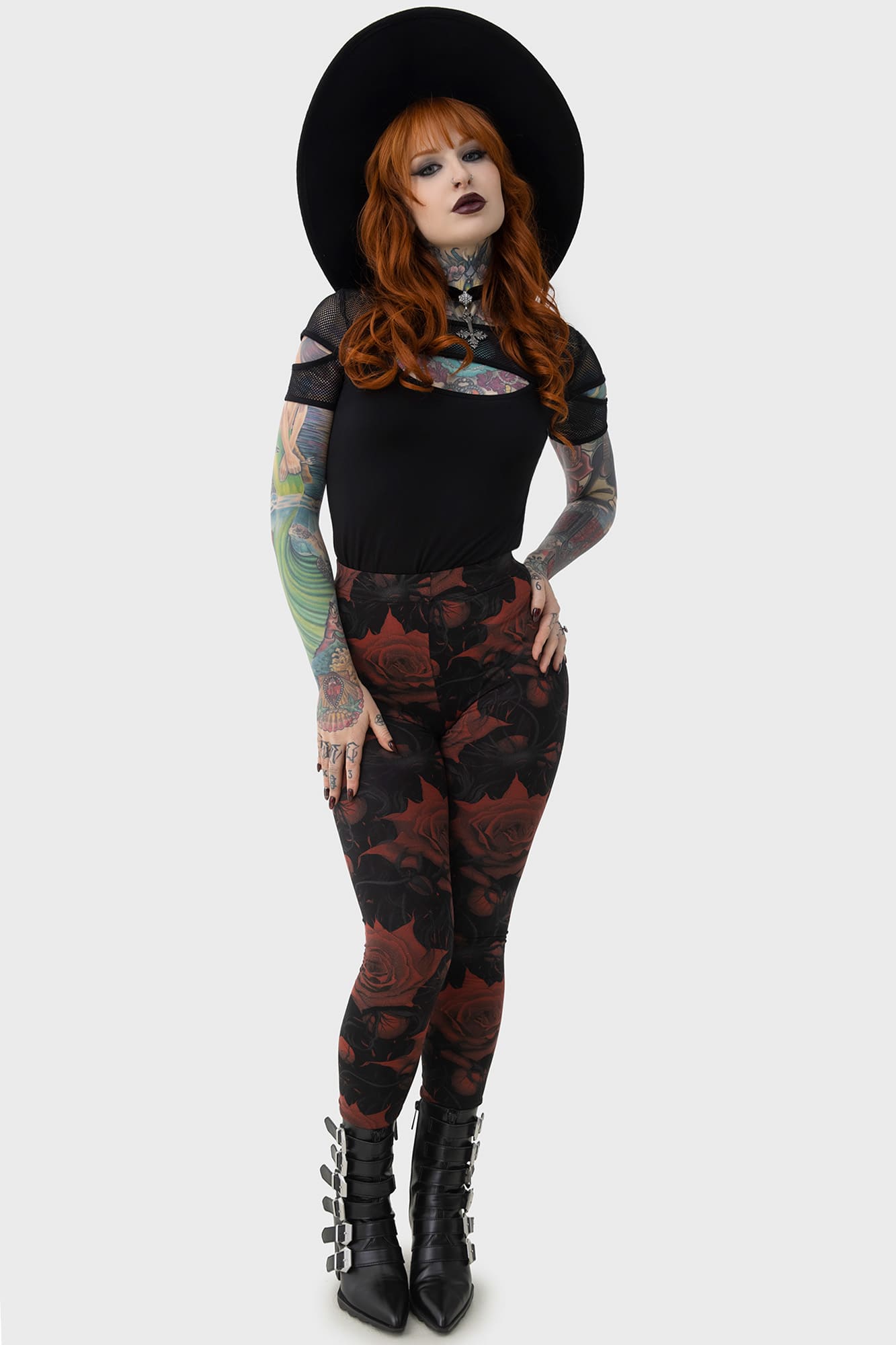 Killstar Blood Rose Floral Print Leggings - Stretch Viscose