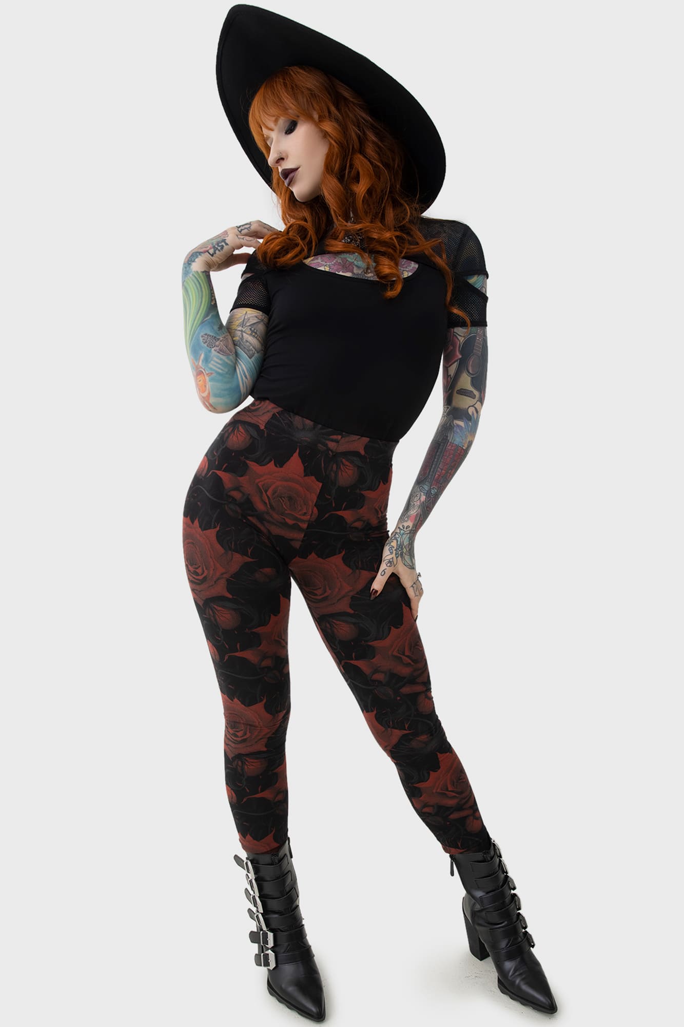 Killstar Blood Rose Floral Print Leggings - Stretch Viscose