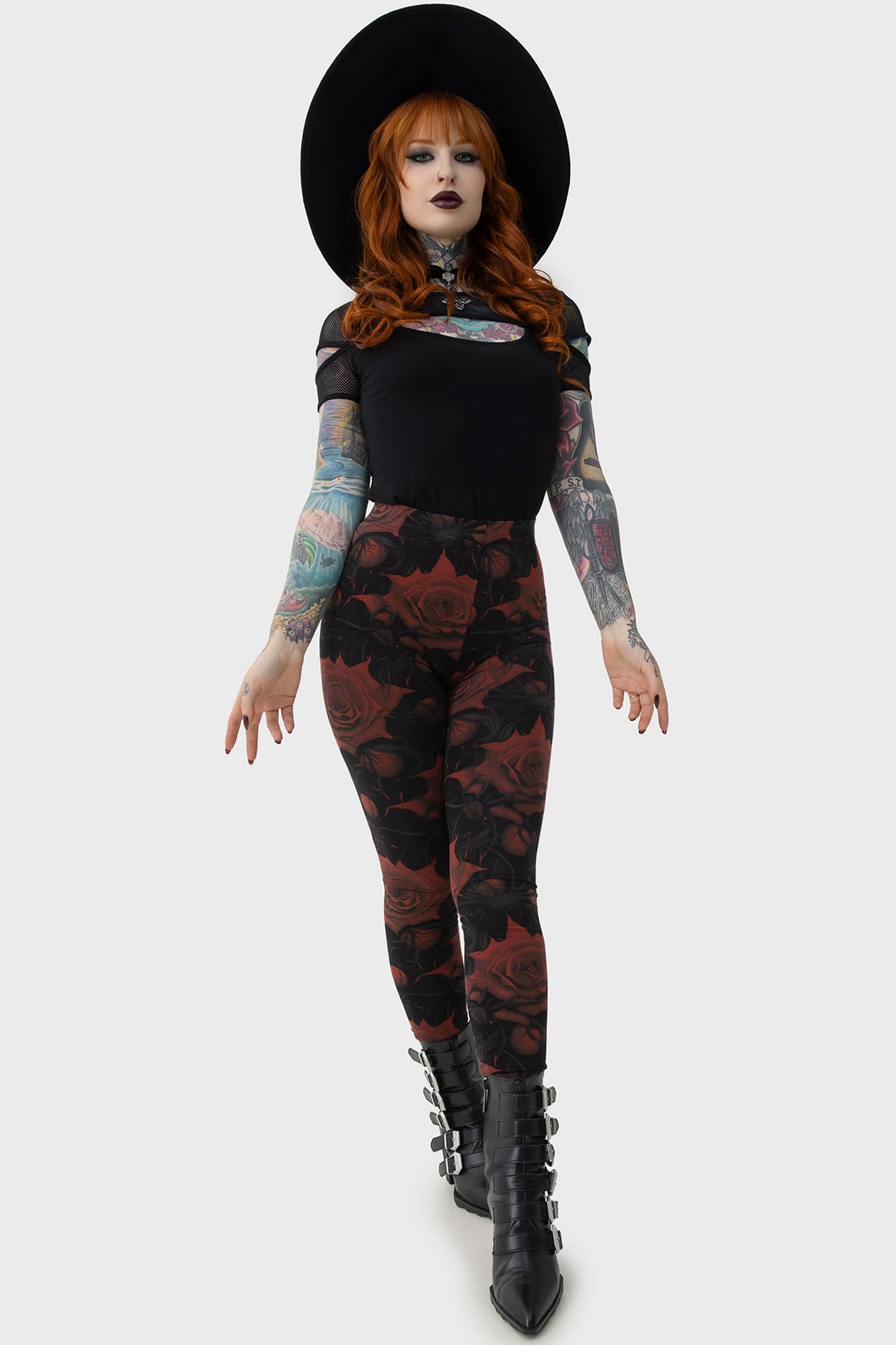 Killstar Blood Rose Floral Print Leggings - Stretch Viscose