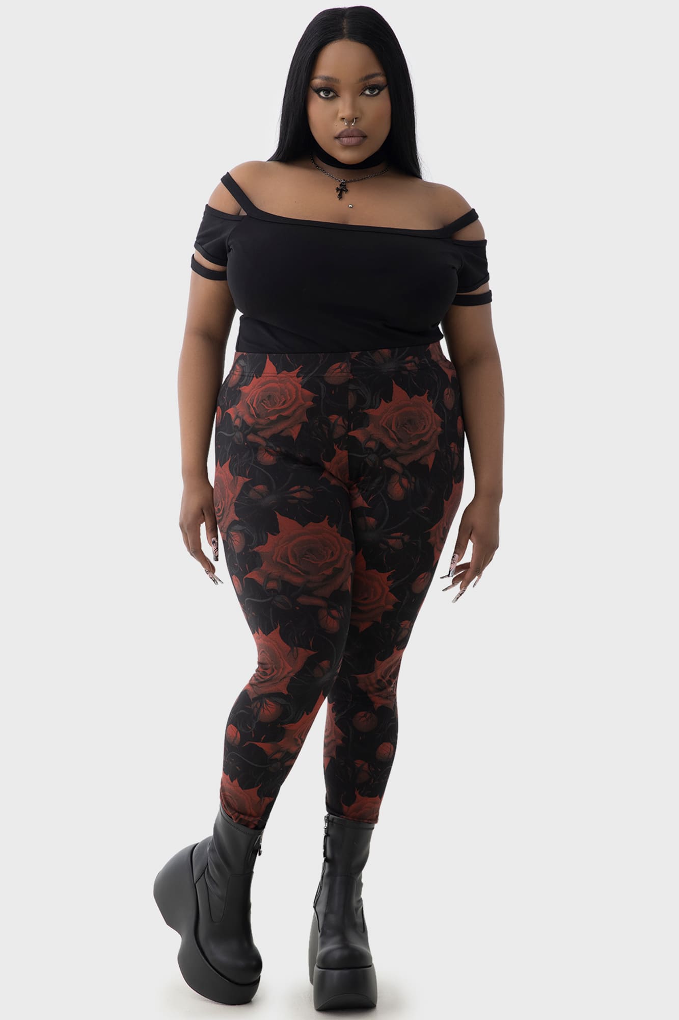 Killstar Blood Rose Floral Print Leggings - Stretch Viscose