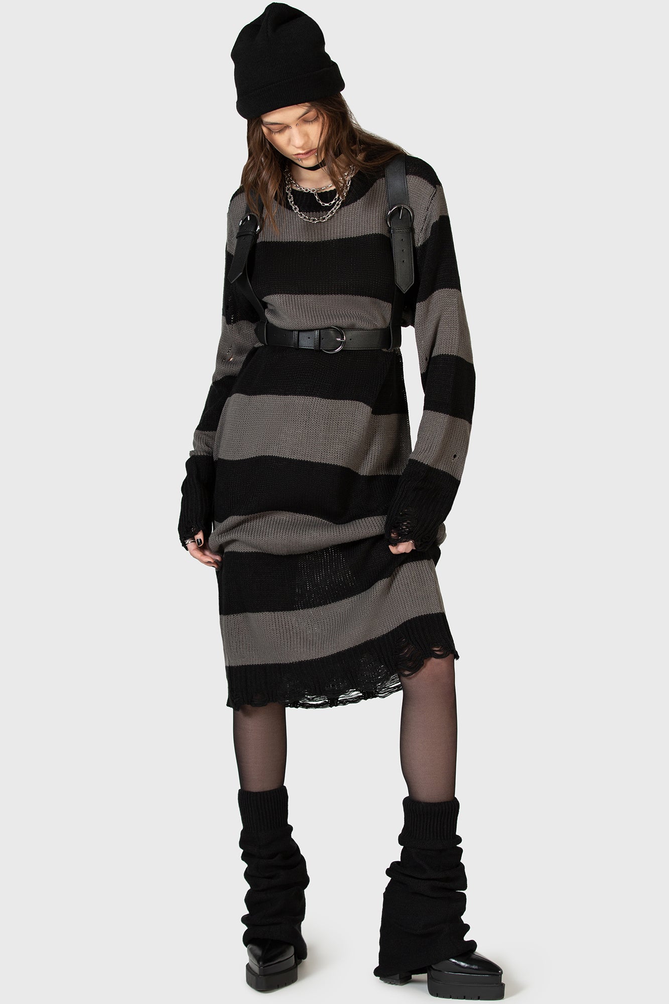 Within Souls Striped Knit Sweater Dress - Distressed Details & Relaxed Fit