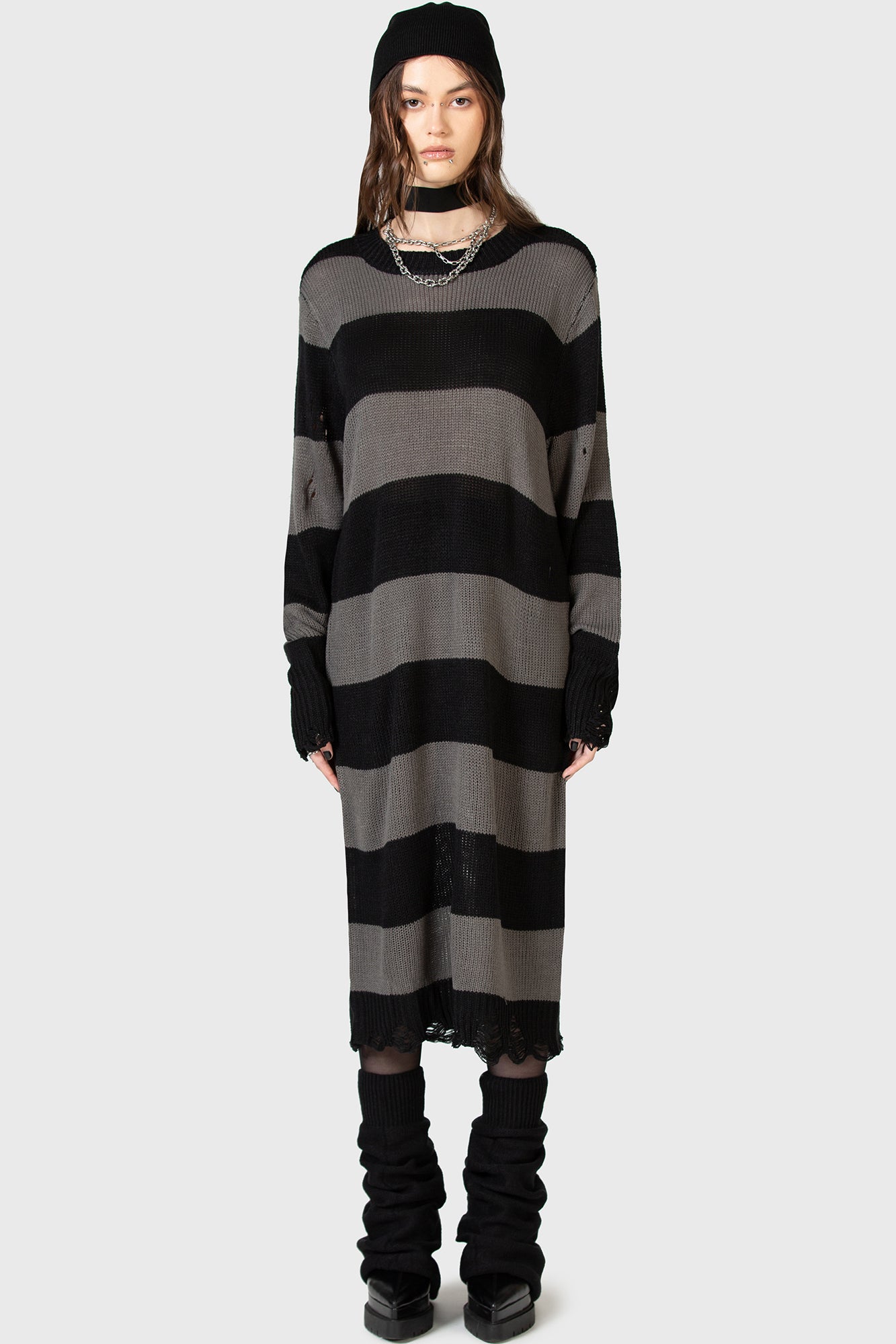 Within Souls Striped Knit Sweater Dress - Distressed Details & Relaxed Fit