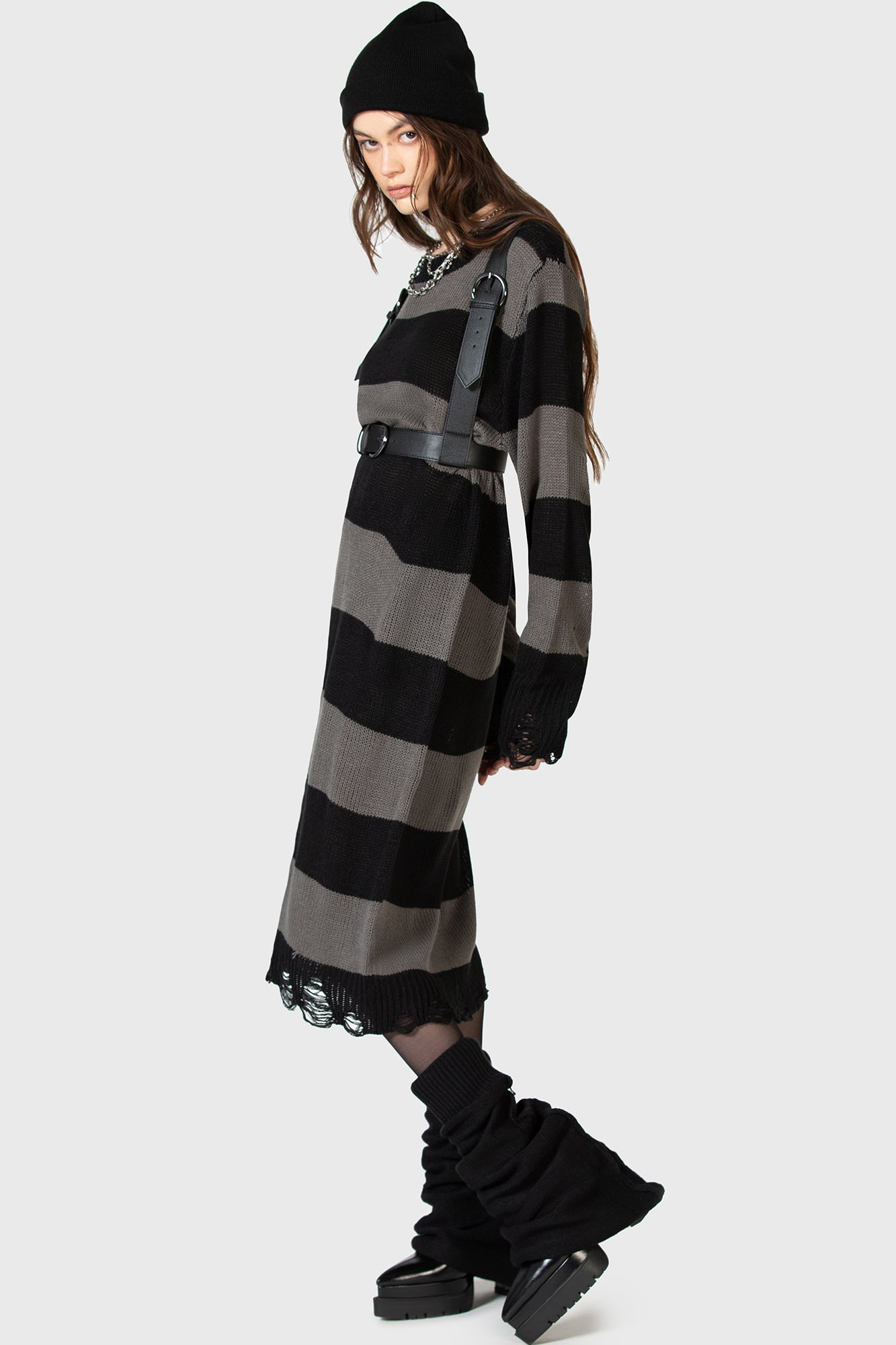 Within Souls Striped Knit Sweater Dress - Distressed Details & Relaxed Fit