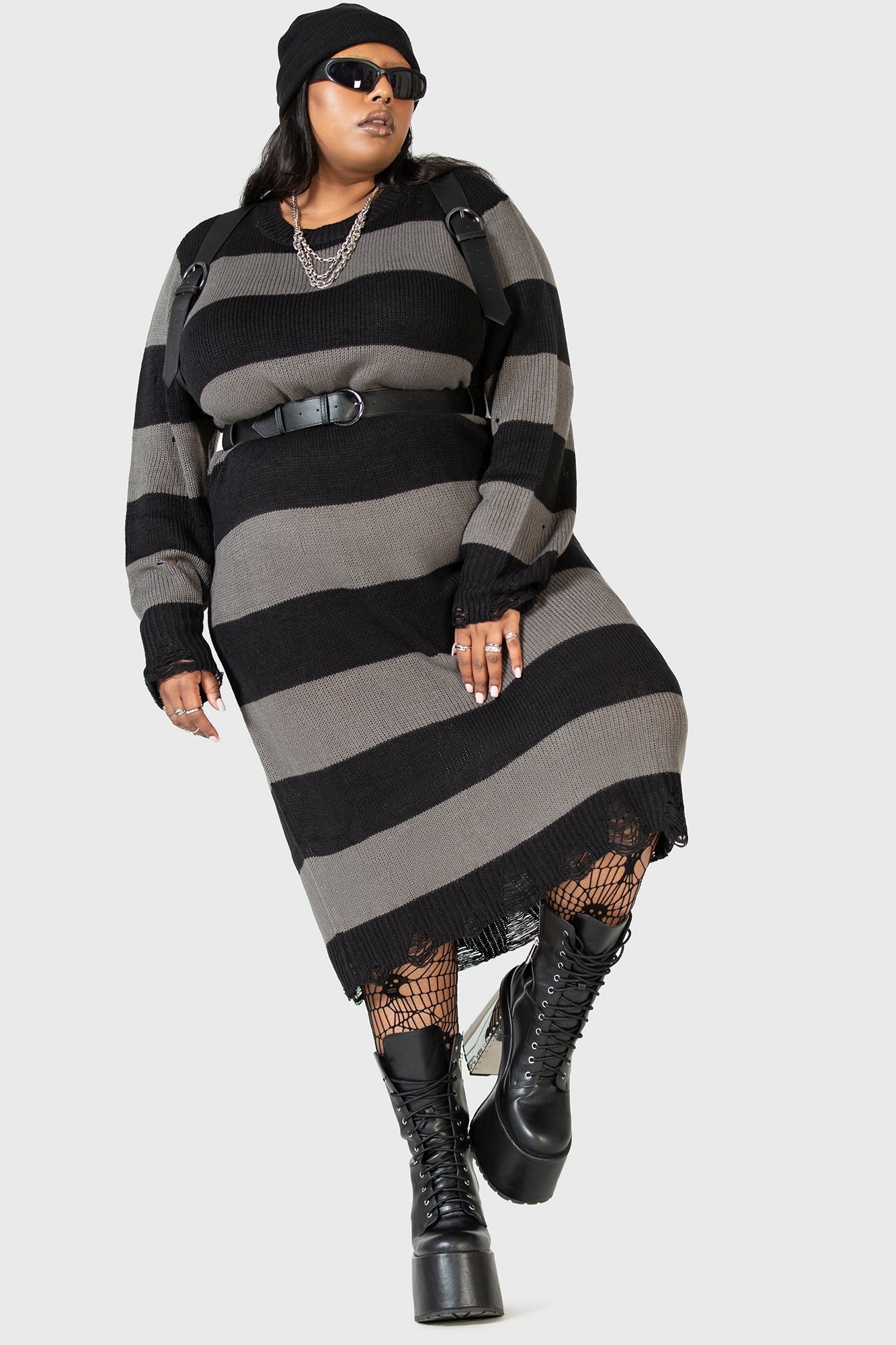 Within Souls Striped Knit Sweater Dress - Distressed Details & Relaxed Fit