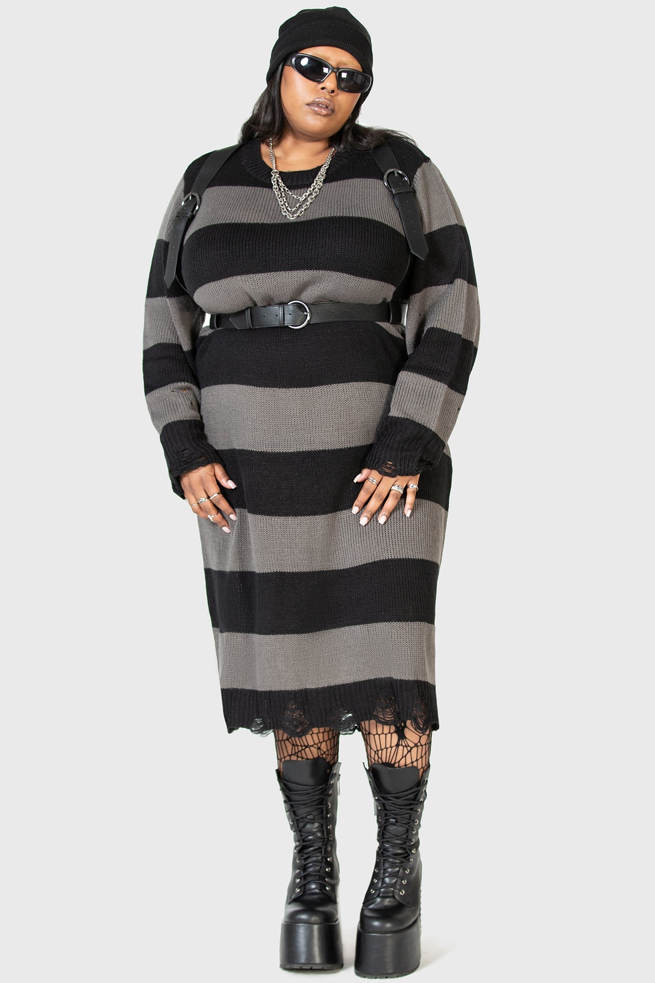 Within Souls Striped Knit Sweater Dress - Distressed Details & Relaxed Fit