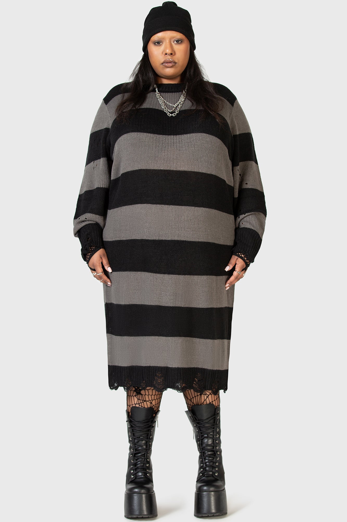 Within Souls Striped Knit Sweater Dress - Distressed Details & Relaxed Fit