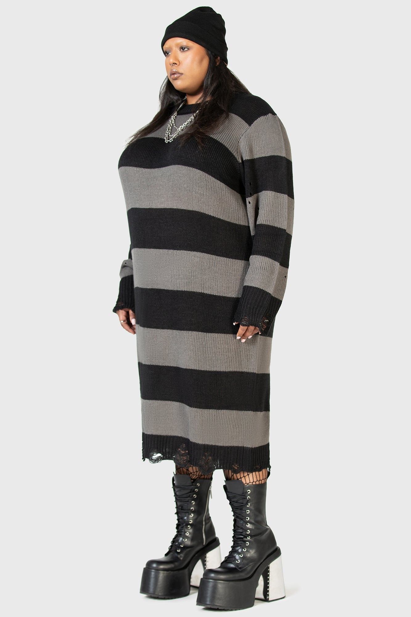 Within Souls Striped Knit Sweater Dress - Distressed Details & Relaxed Fit