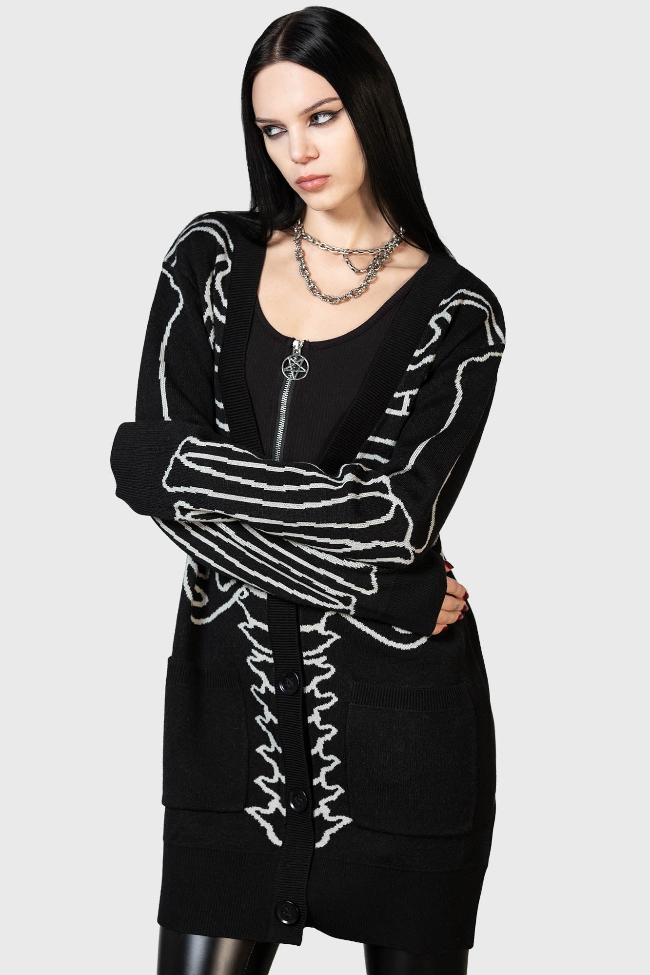 Killstar Your Remains Cardigan - Bone Design, Stretch Knit, Unisex