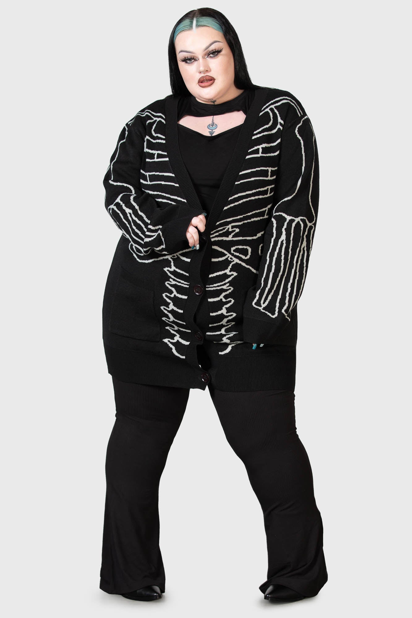 Killstar Your Remains Cardigan - Bone Design, Stretch Knit, Unisex