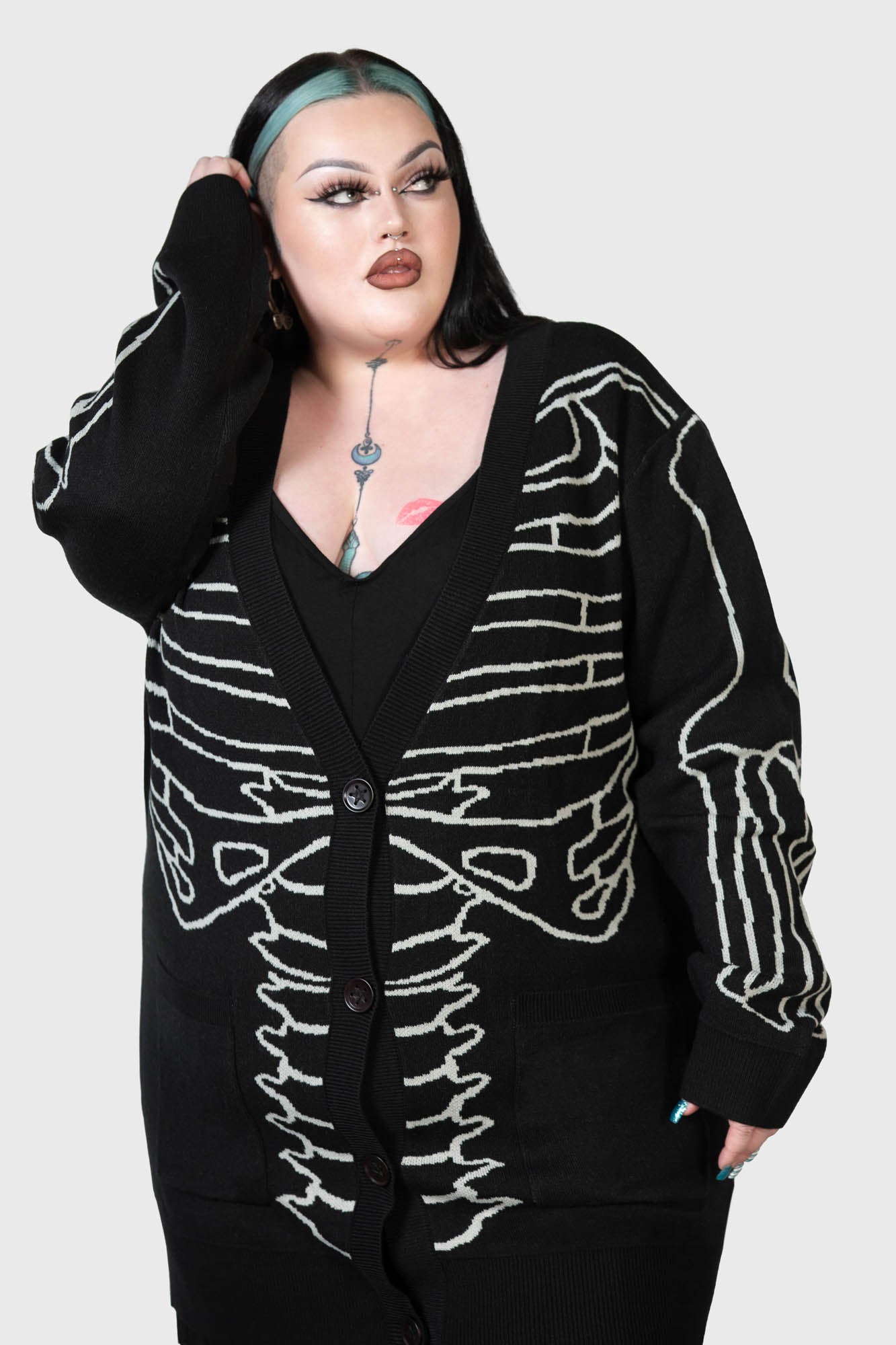 Killstar Your Remains Cardigan - Bone Design, Stretch Knit, Unisex