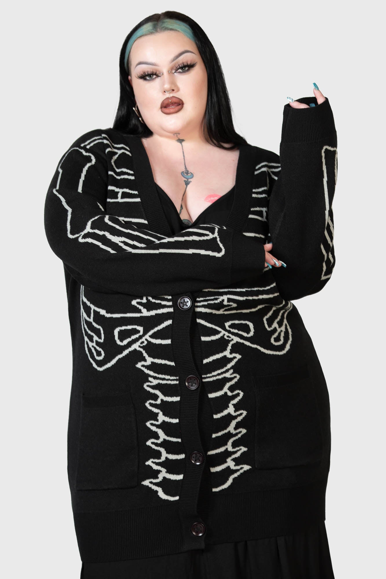 Killstar Your Remains Cardigan - Bone Design, Stretch Knit, Unisex