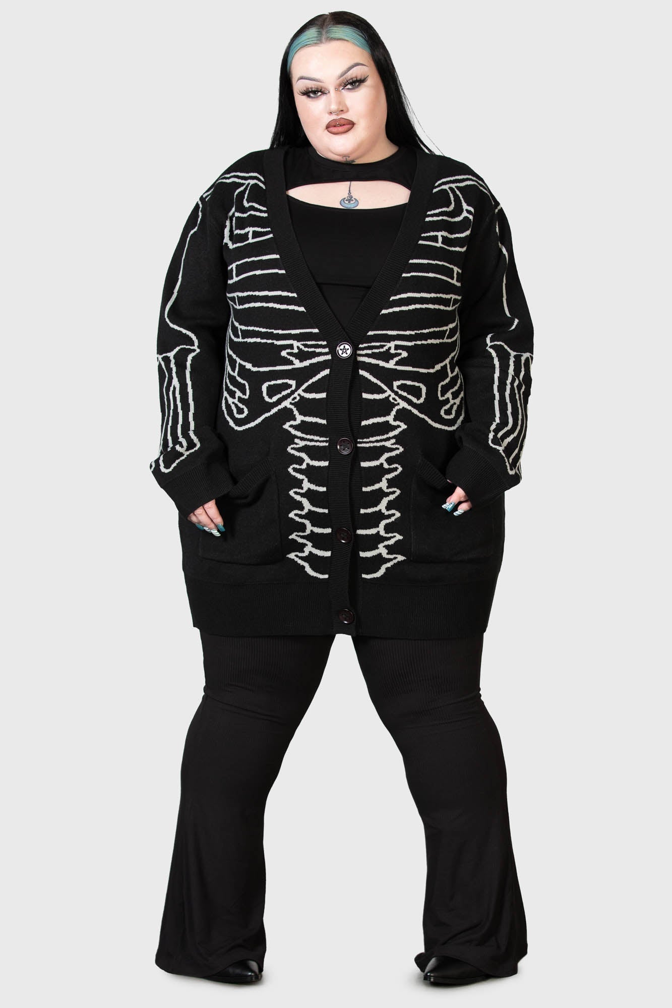 Killstar Your Remains Cardigan - Bone Design, Stretch Knit, Unisex