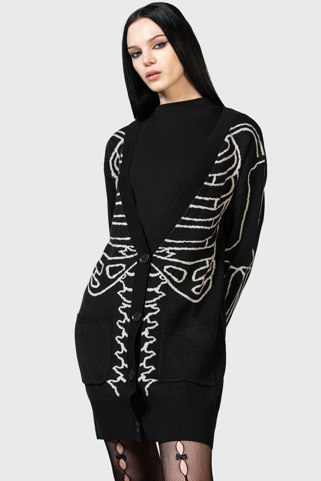 Killstar Your Remains Cardigan - Bone Design, Stretch Knit, Unisex