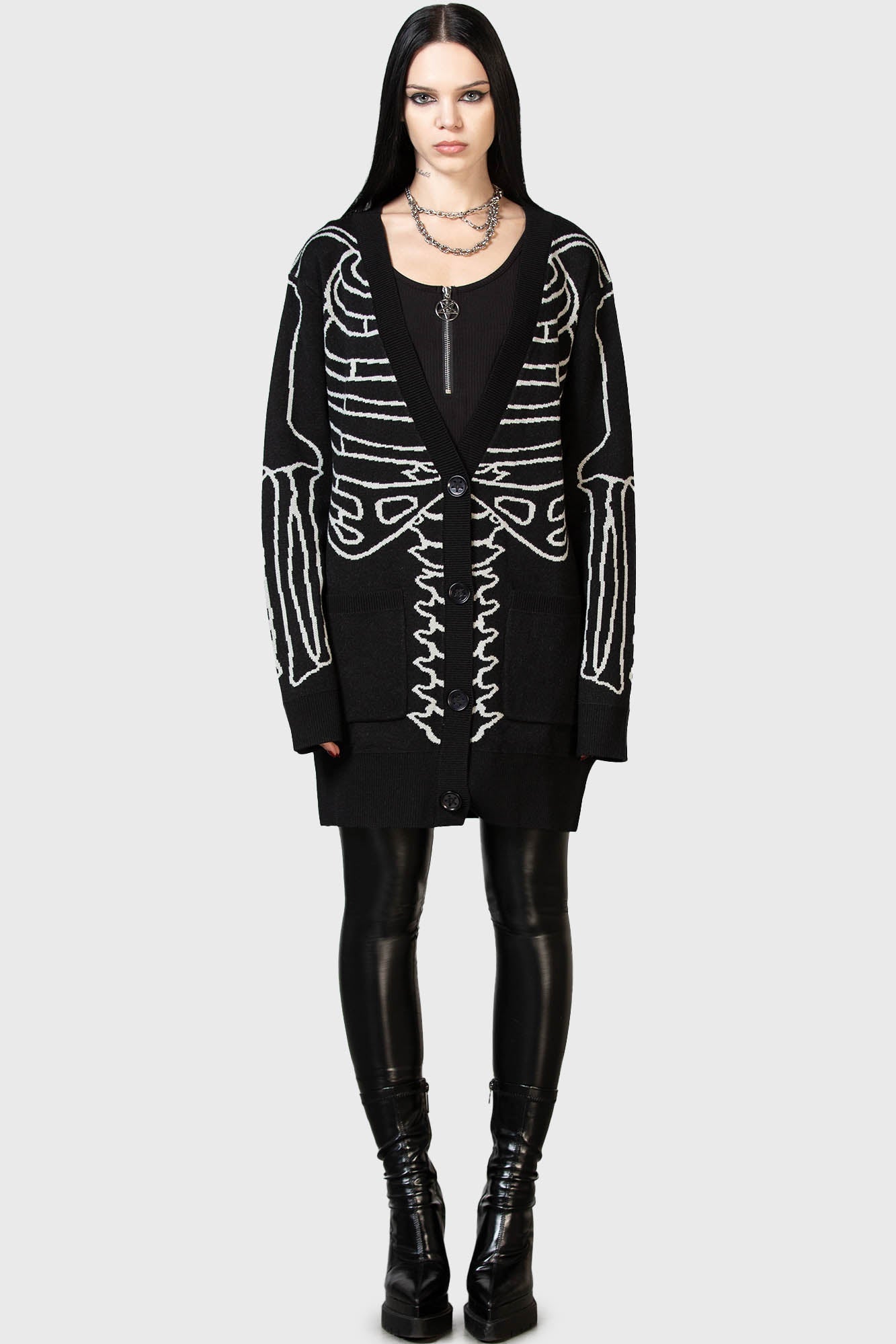 Killstar Your Remains Cardigan - Bone Design, Stretch Knit, Unisex