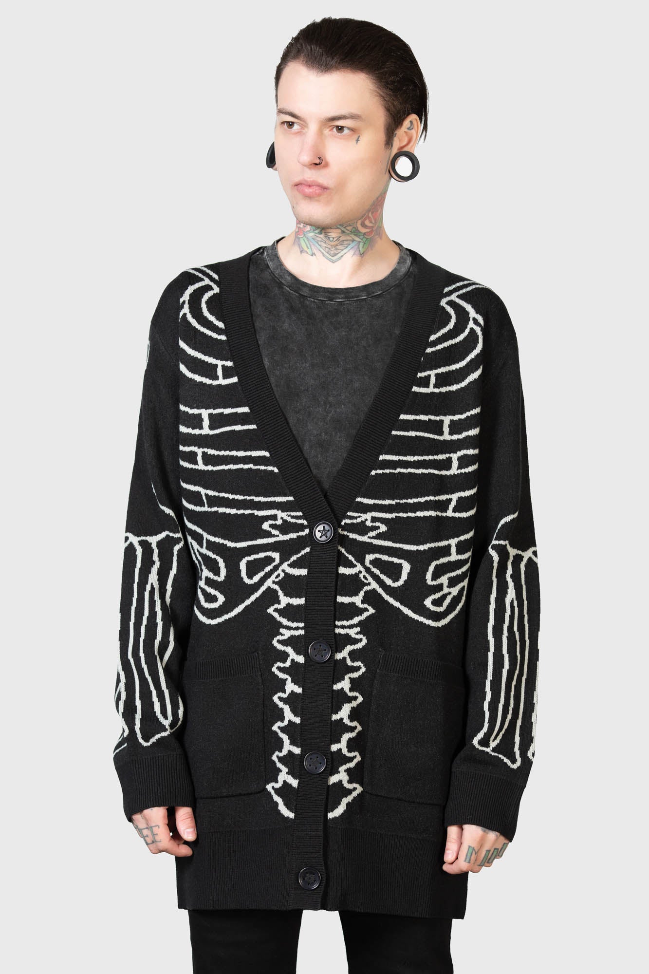 Killstar Your Remains Cardigan - Bone Design, Stretch Knit, Unisex