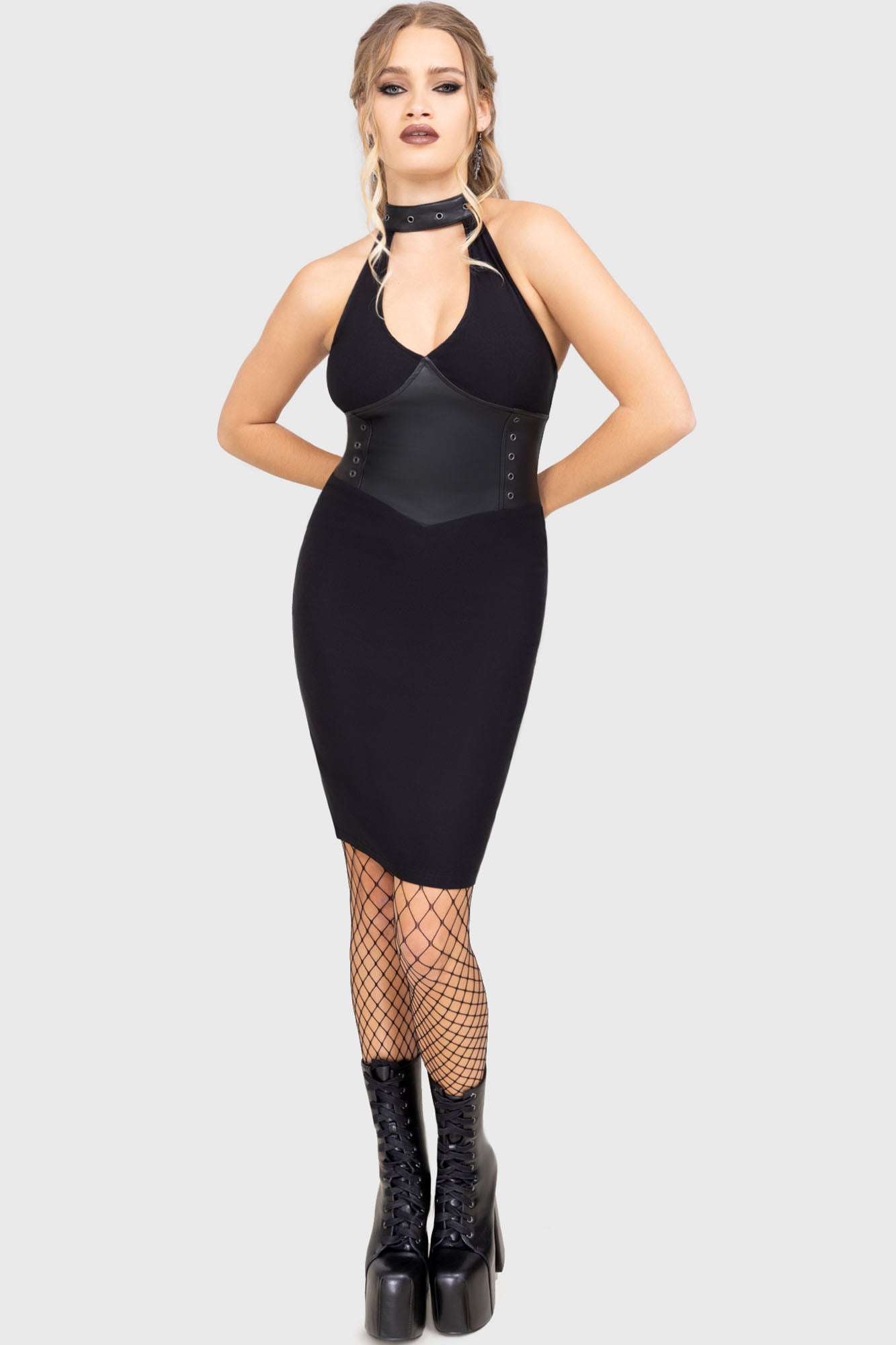 Killstar Desdemonia Halter Neck Midi Dress with Stud Waist