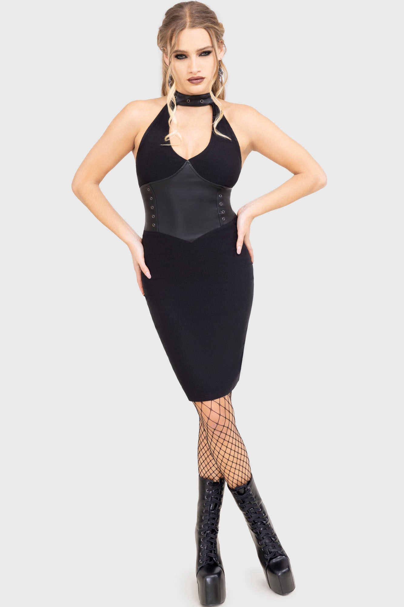 Killstar Desdemonia Halter Neck Midi Dress with Stud Waist
