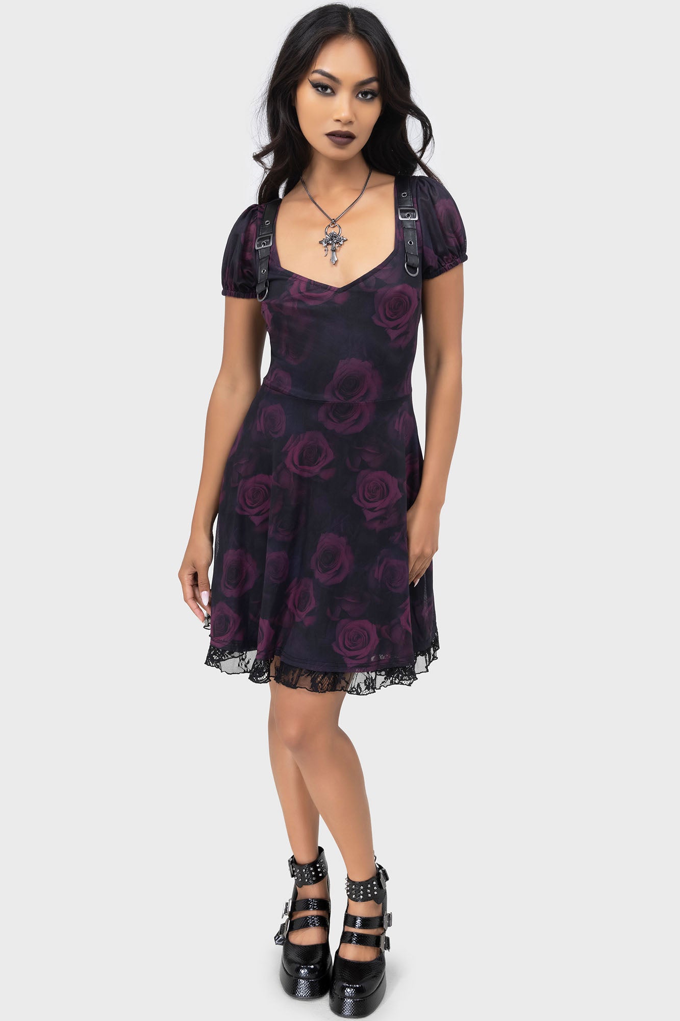 Killstar Ebonrose Floral Mesh Mini Skater Dress with Pockets