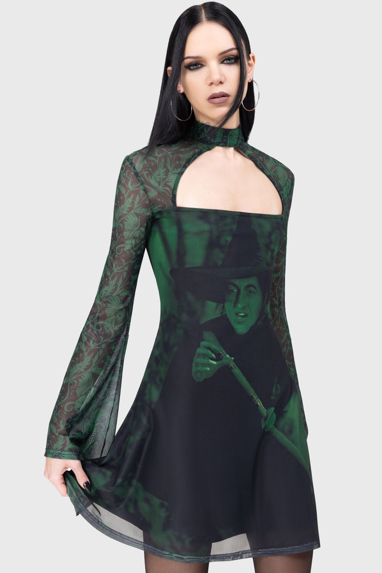 Killstar Truly Wicked Mini Dress with Cut Out Neck & Flared Sleeves