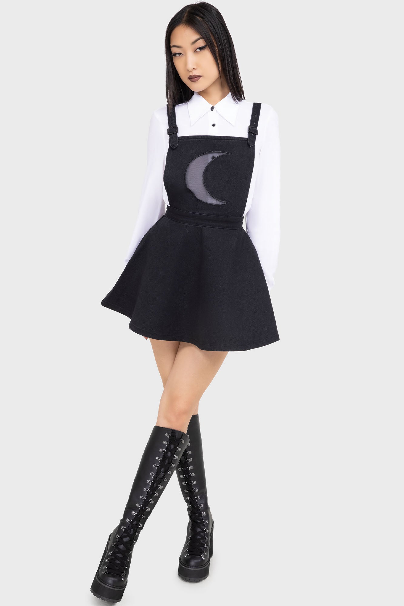 KIHILIST Luna Orb Denim Pinafore Dress with Mesh Moon Detail