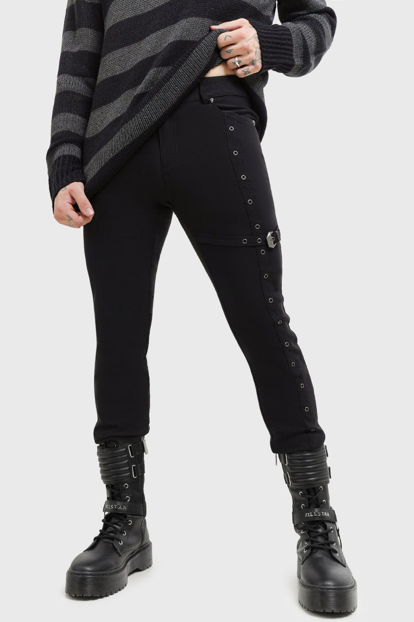 Killstar Kane's Crucifix Slim Fit Trousers with Cross Strap