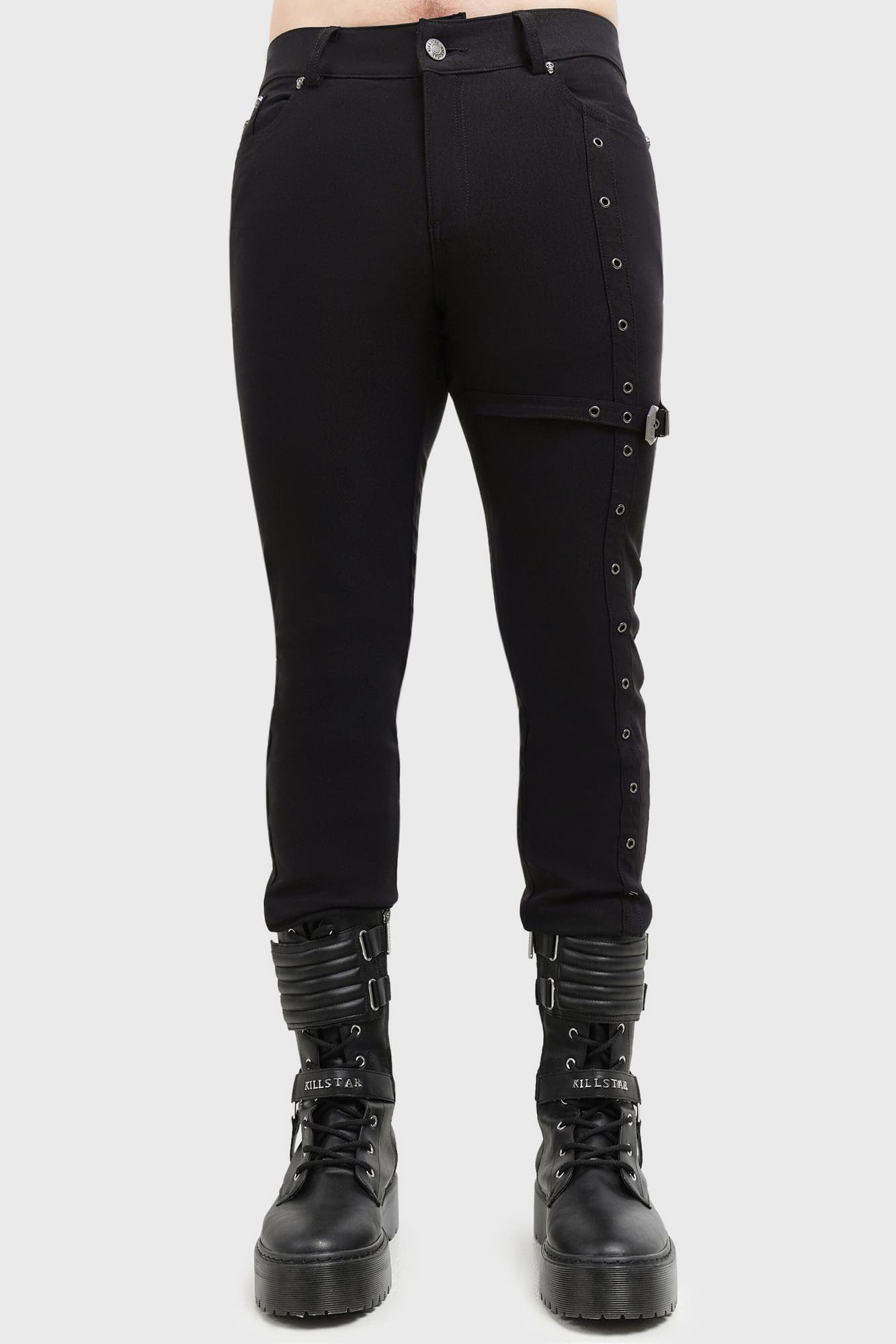 Killstar Kane's Crucifix Slim Fit Trousers with Cross Strap