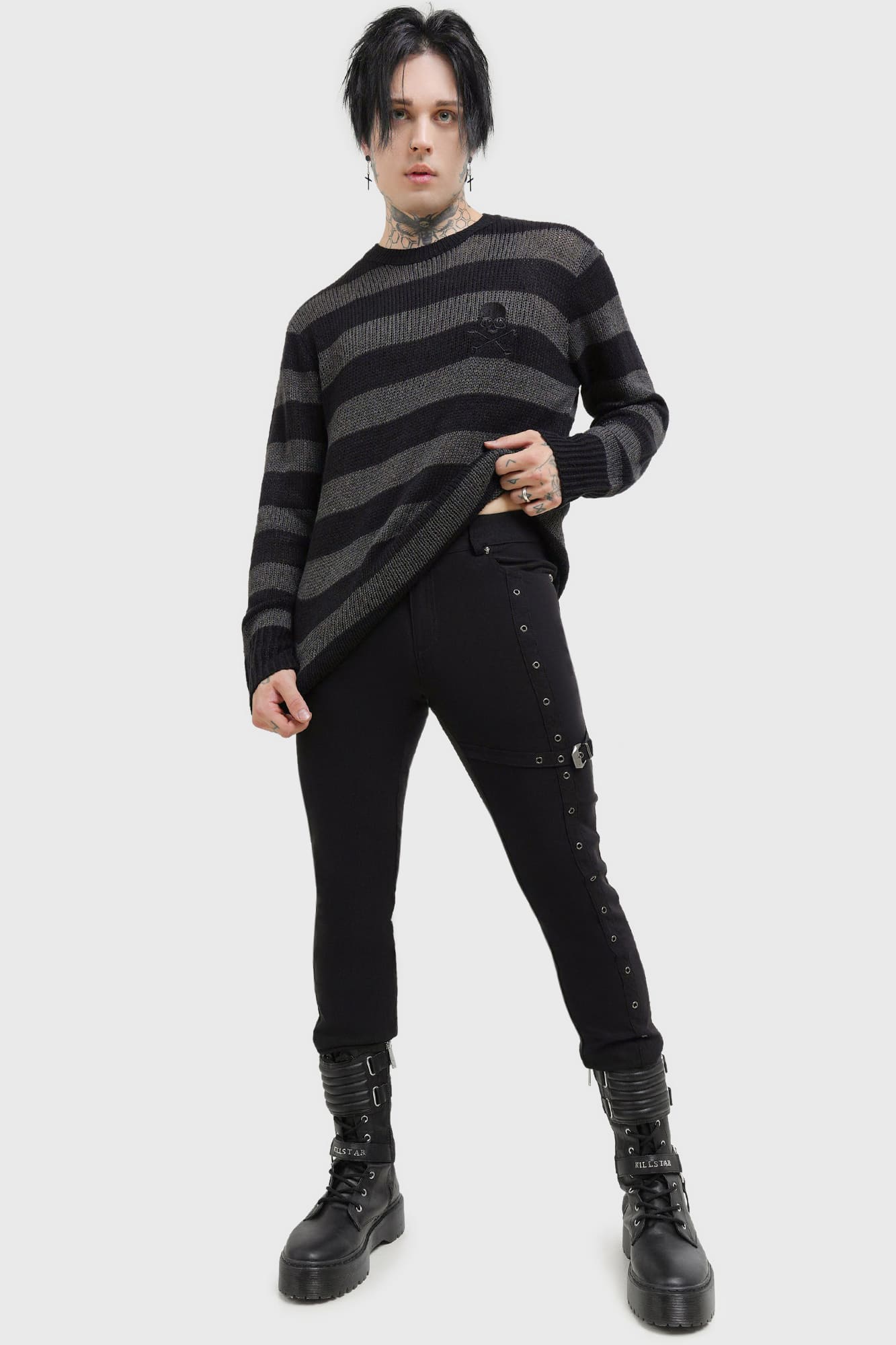 Killstar Kane's Crucifix Slim Fit Trousers with Cross Strap
