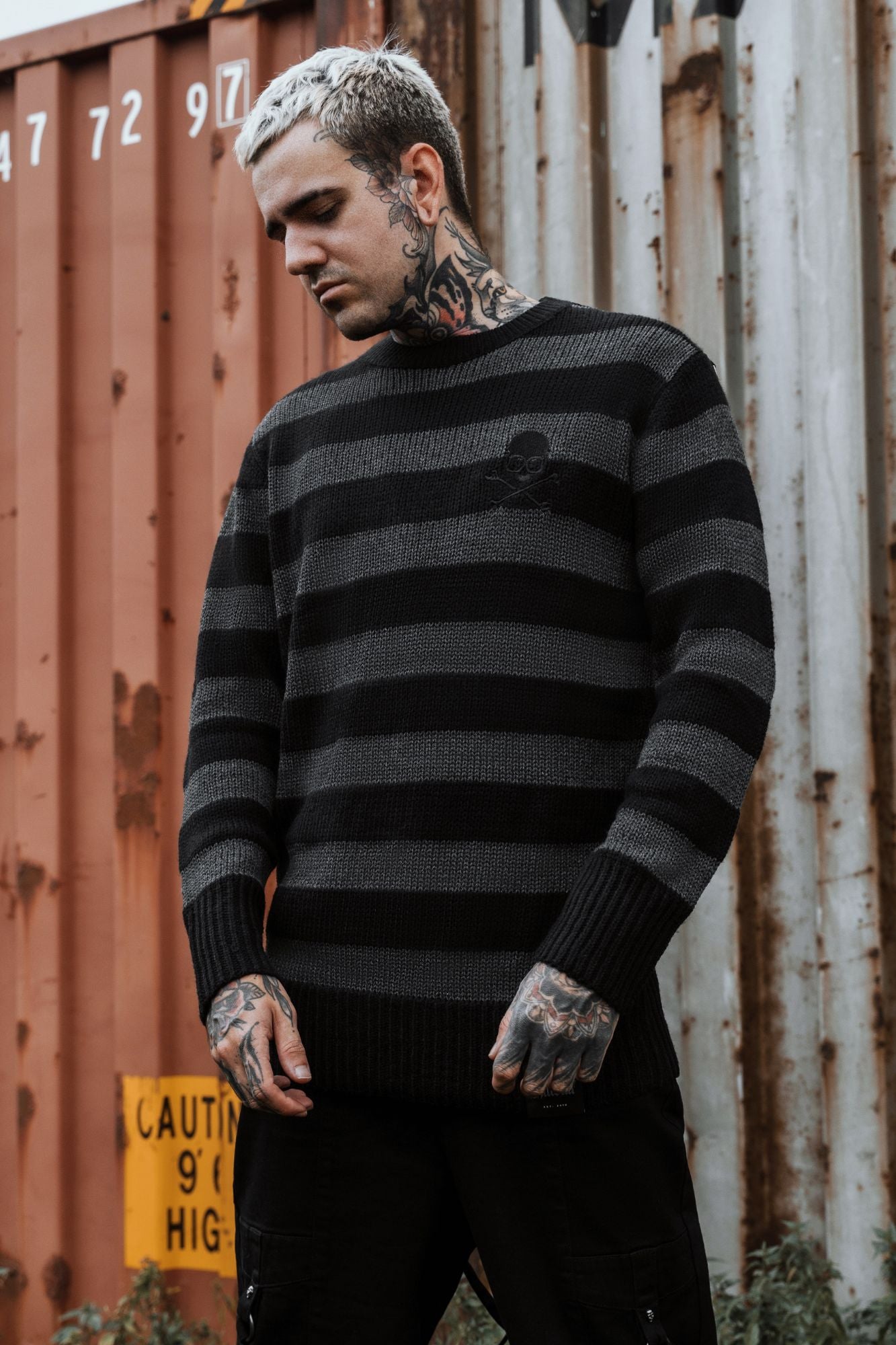 Killstar Alleyfade Striped Skull Embroidered Sweater