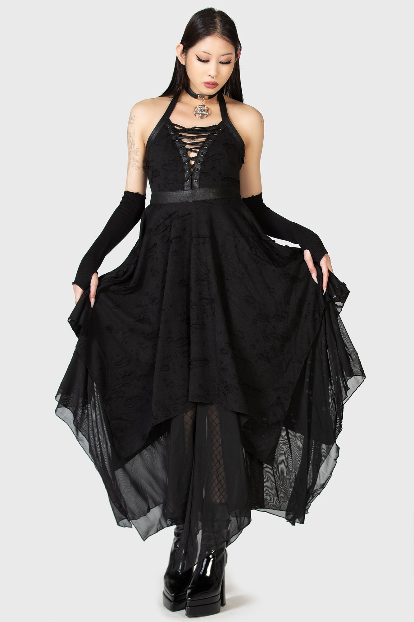 Killstar Badlands Halterneck Lace-Up Dress with Hanky Hem