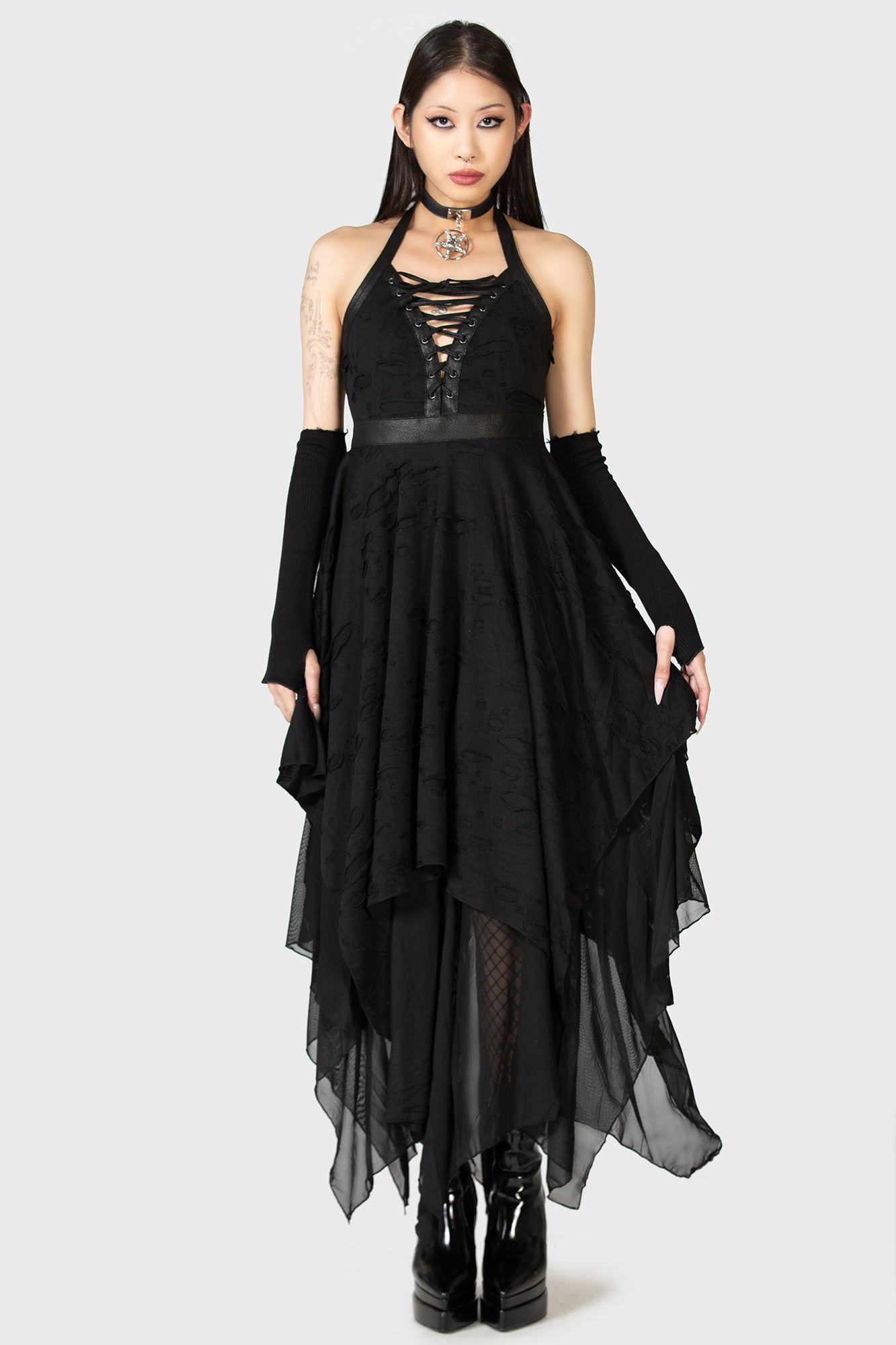 Killstar Badlands Halterneck Lace-Up Dress with Hanky Hem
