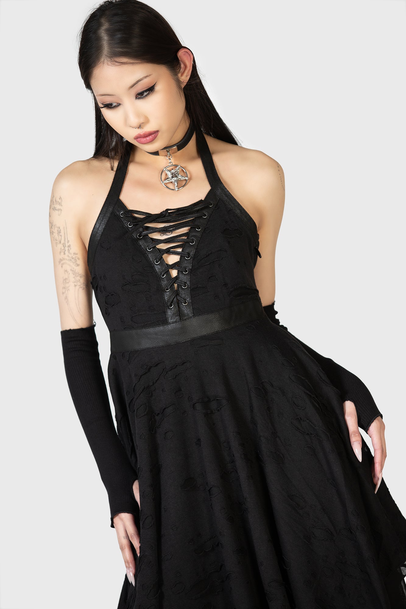 Killstar Badlands Halterneck Lace-Up Dress with Hanky Hem