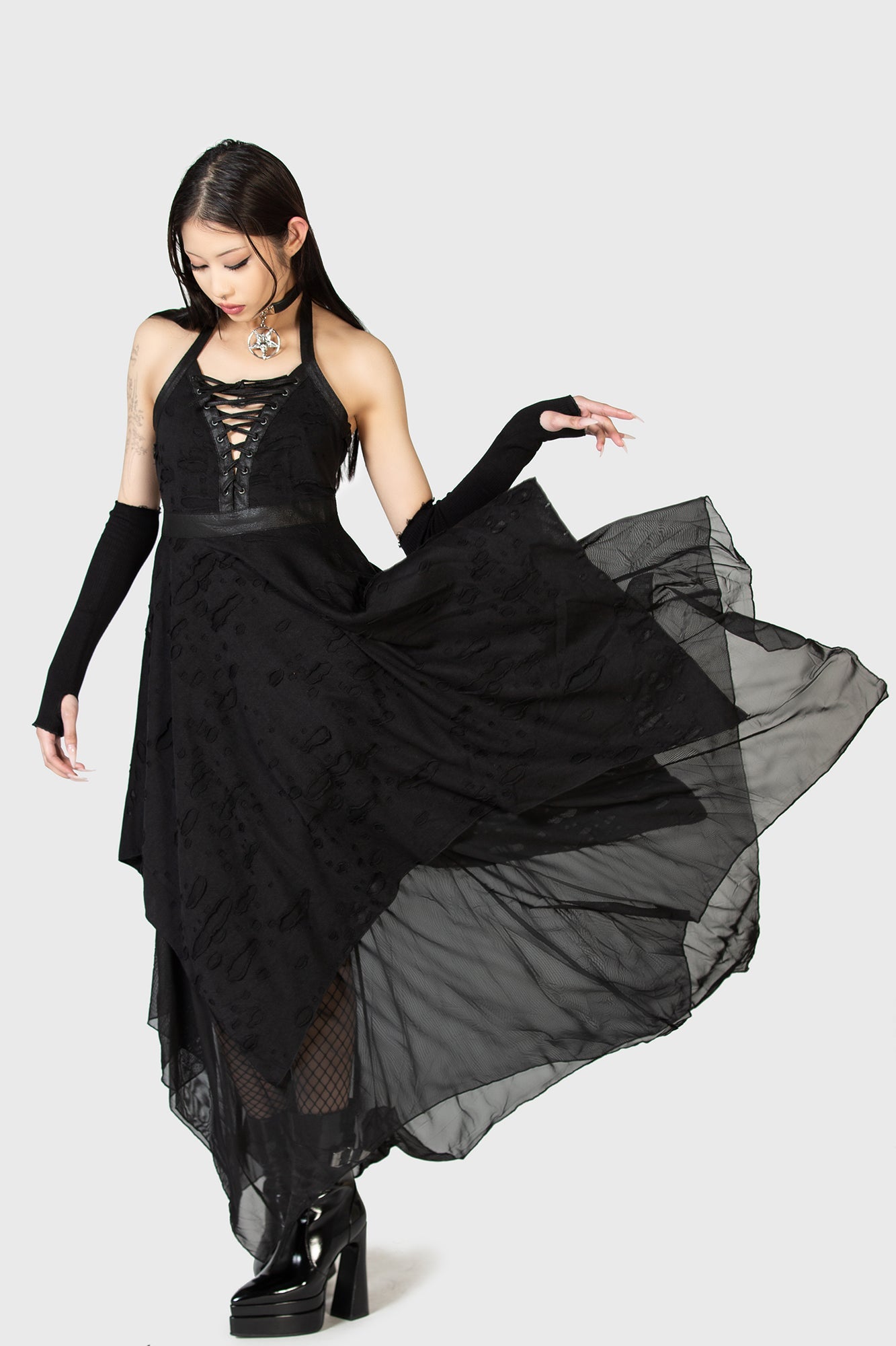 Killstar Badlands Halterneck Lace-Up Dress with Hanky Hem
