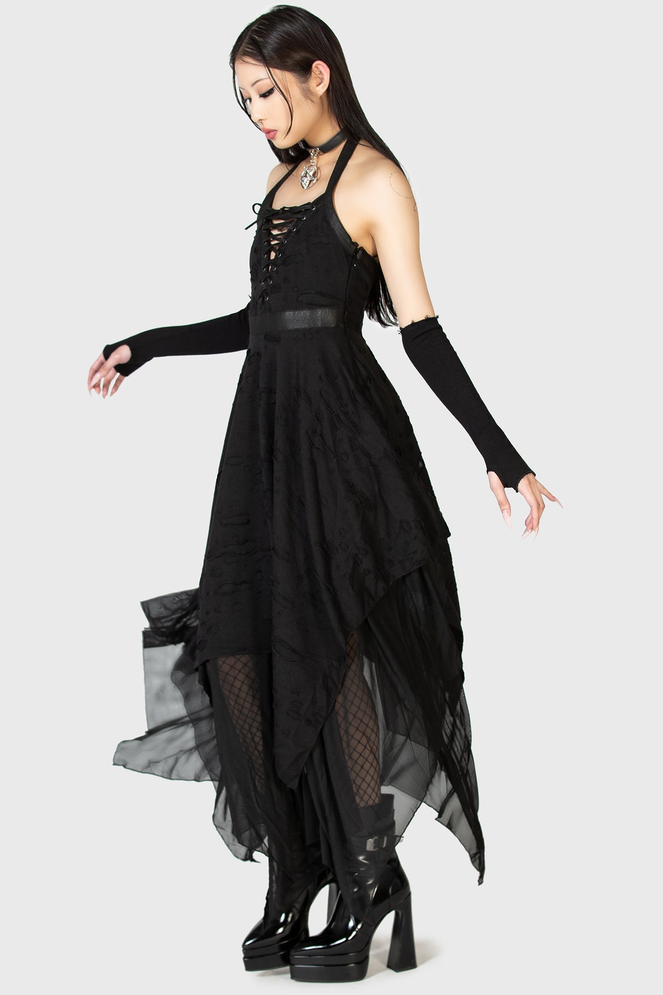 Killstar Badlands Halterneck Lace-Up Dress with Hanky Hem