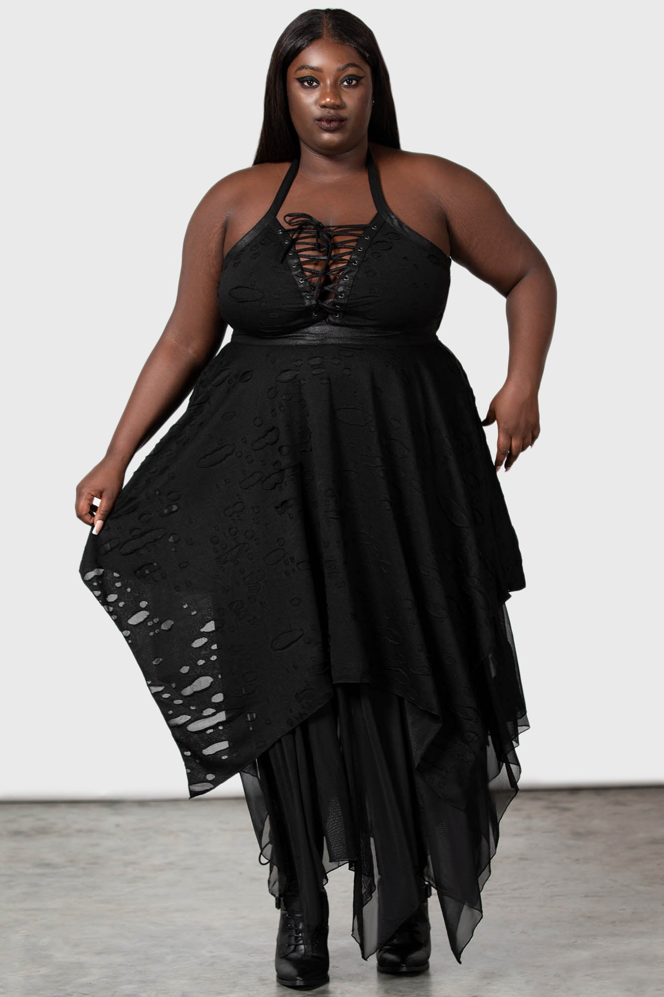 Killstar Badlands Halterneck Lace-Up Dress with Hanky Hem