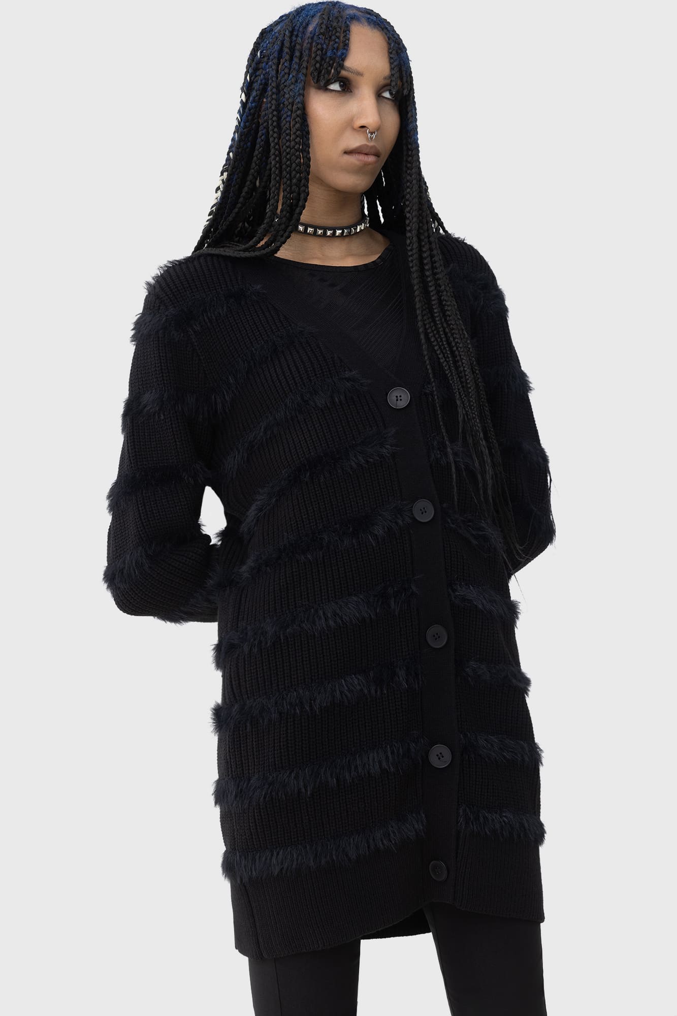 KIHILIST Astera Ribbed Knit Cardigan with Fluffy Stripes