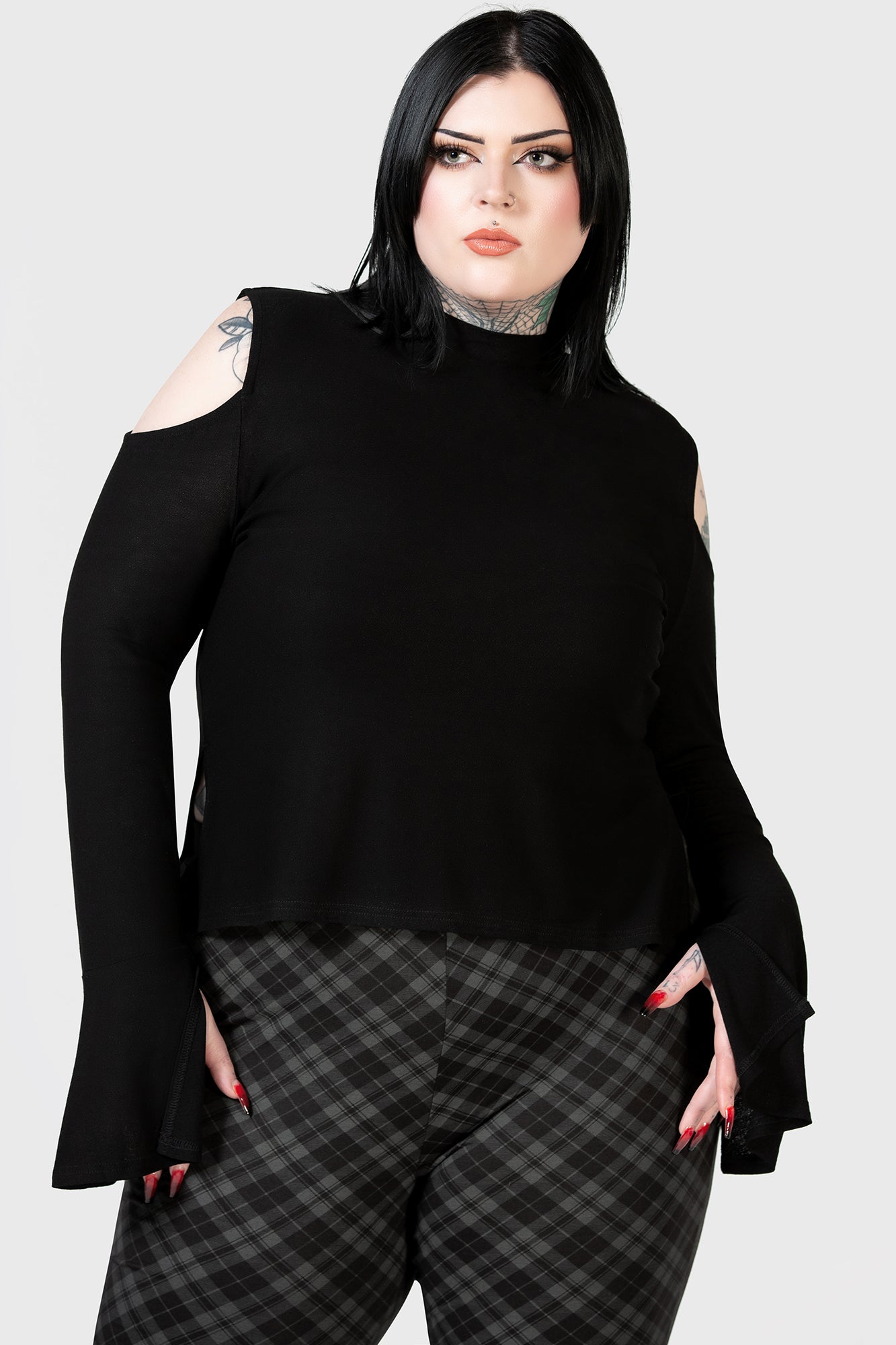 KILLSTAR Branwen Cold Shoulder Top - Soft Stretch Fitted Long Sleeve