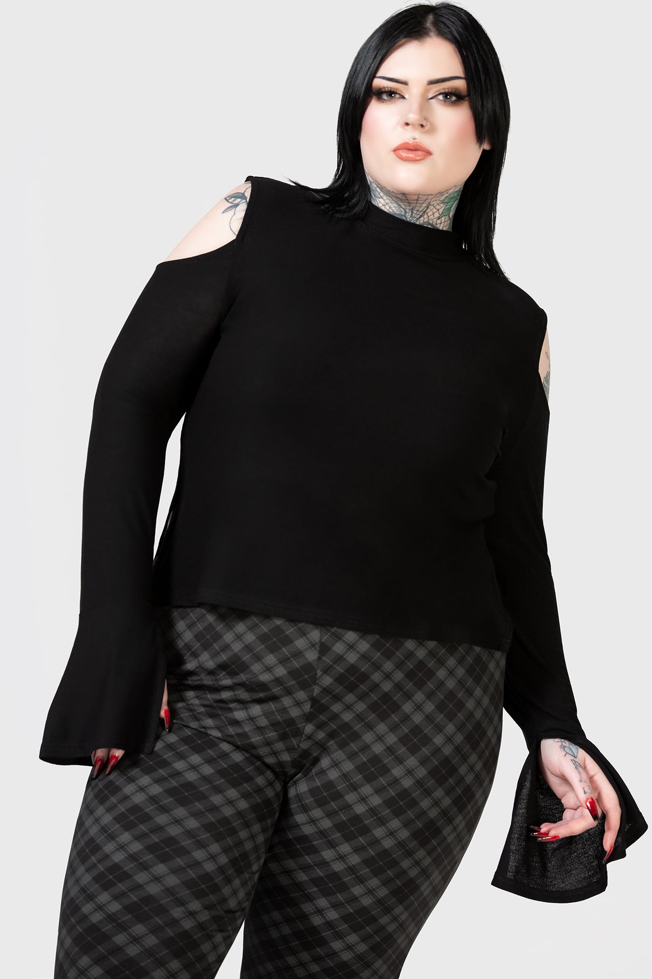 KILLSTAR Branwen Cold Shoulder Top - Soft Stretch Fitted Long Sleeve