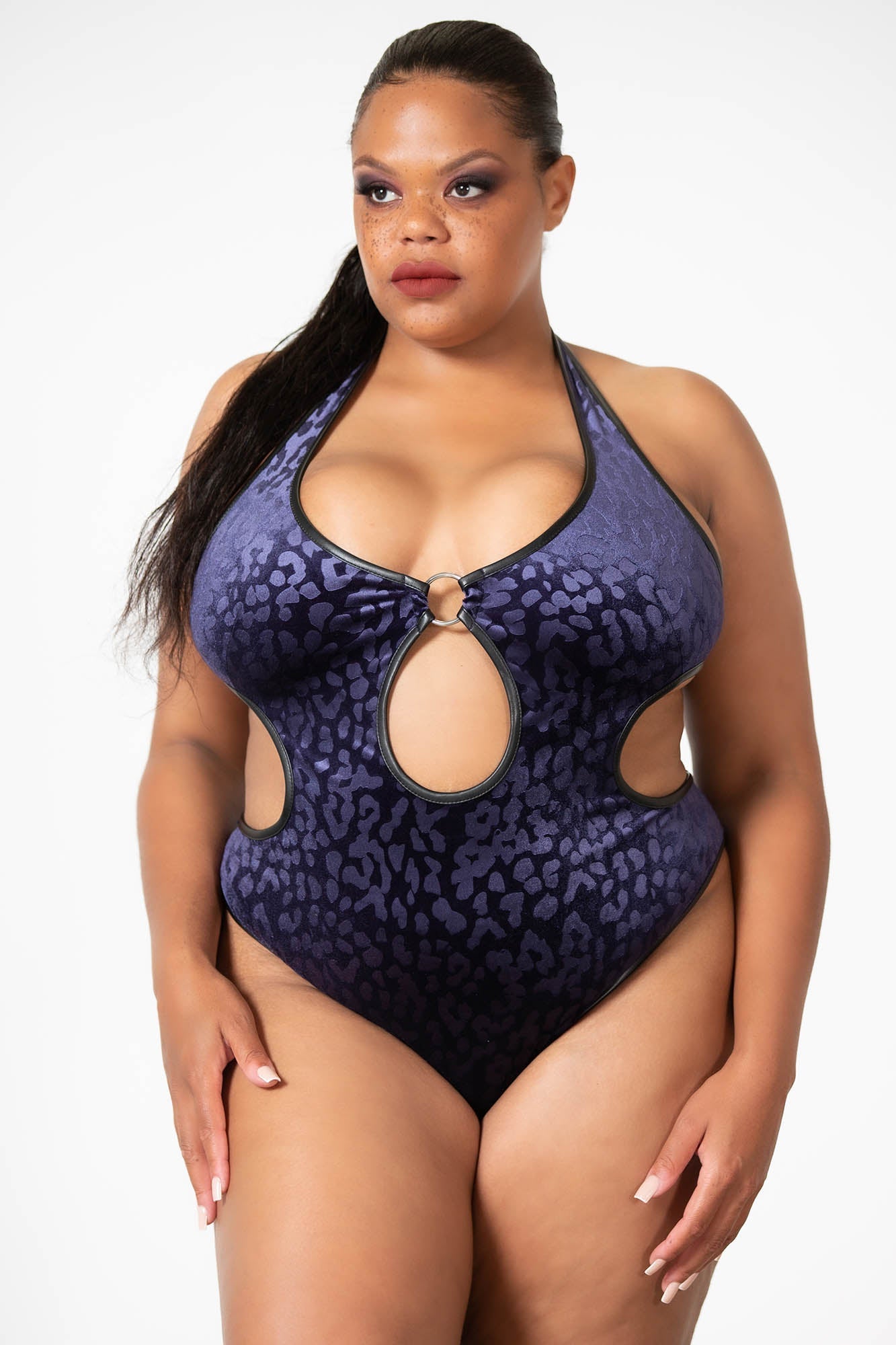 Killstar Barbarella Velvet Halter Bodysuit - Plum Leopard Print