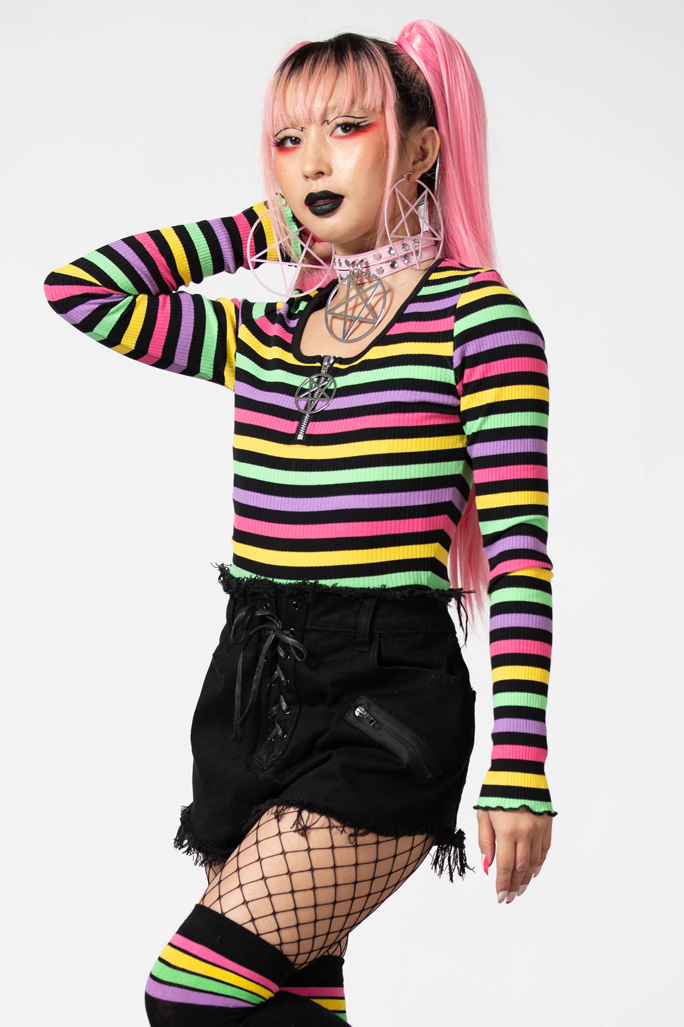 Killstar Ribbed Cropped Long Sleeve Top with Zip Detail