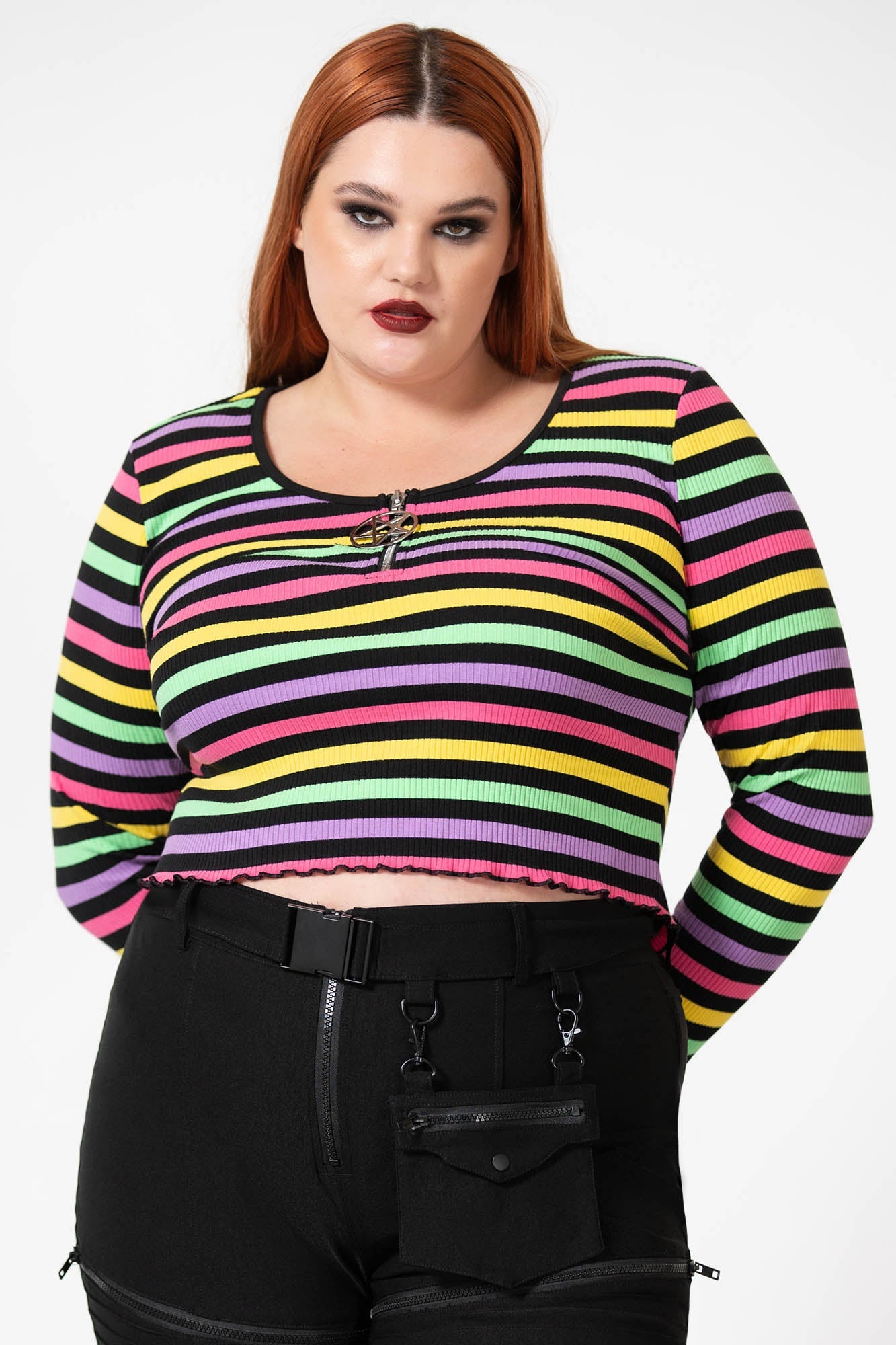 Killstar Ribbed Cropped Long Sleeve Top with Zip Detail
