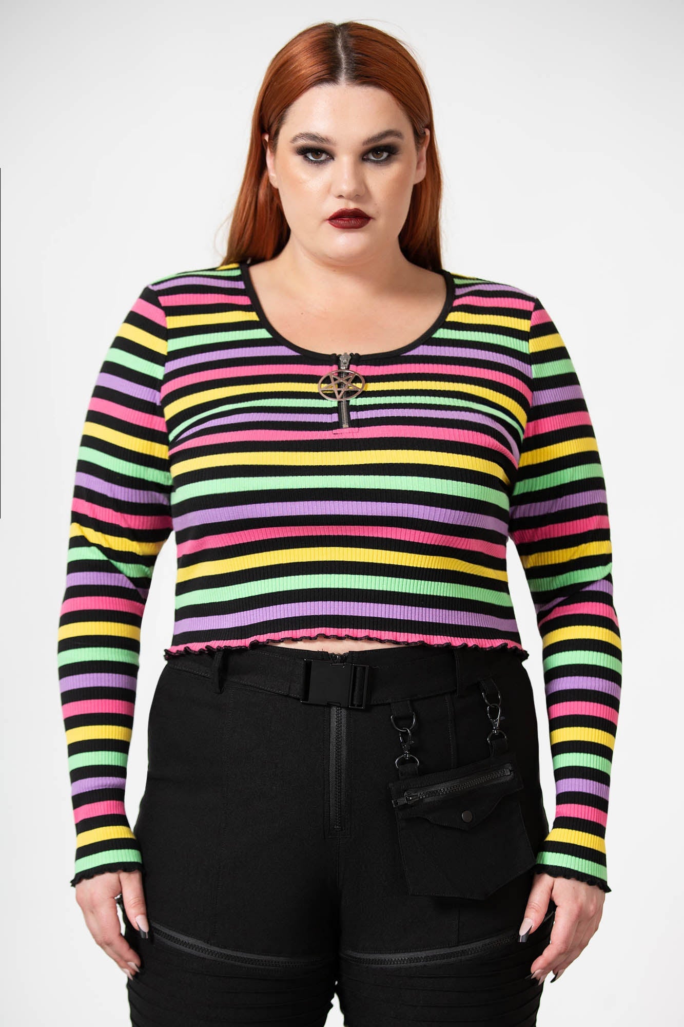 Killstar Ribbed Cropped Long Sleeve Top with Zip Detail
