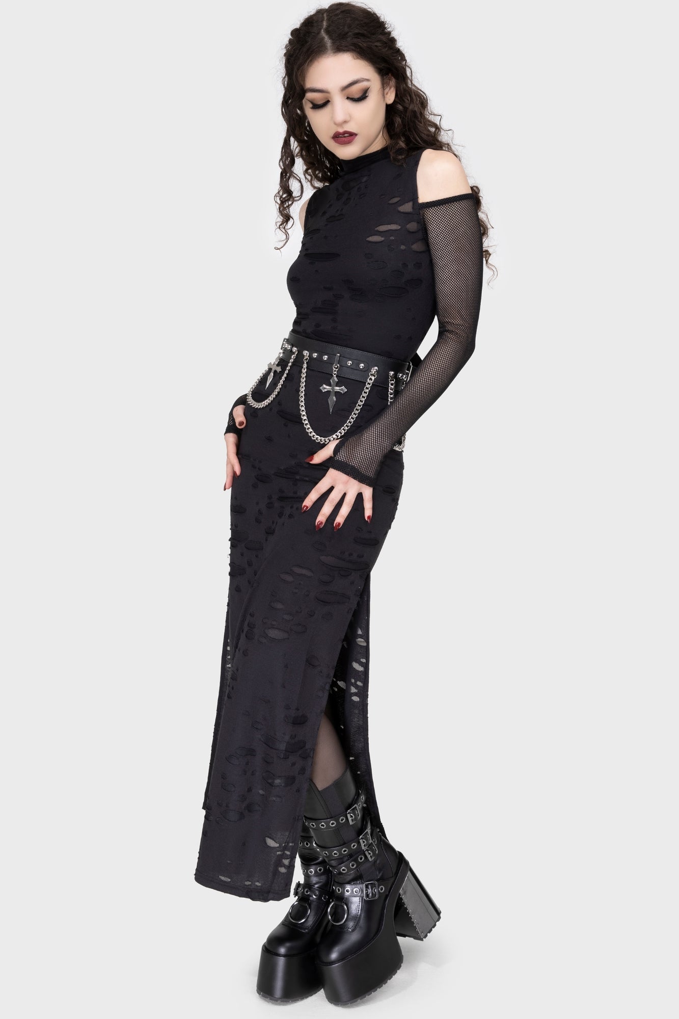 KILLSTAR Biters Maxi Dress - Distressed Gothic Cold Shoulder