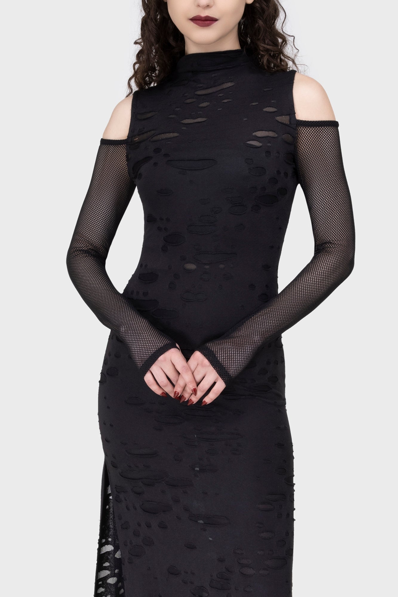 KILLSTAR Biters Maxi Dress - Distressed Gothic Cold Shoulder