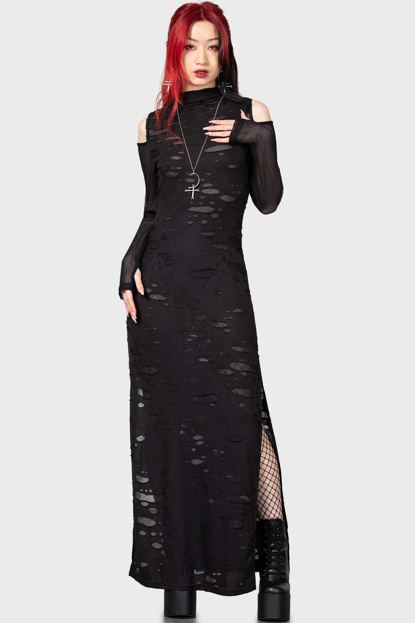 KILLSTAR Biters Maxi Dress - Distressed Gothic Cold Shoulder