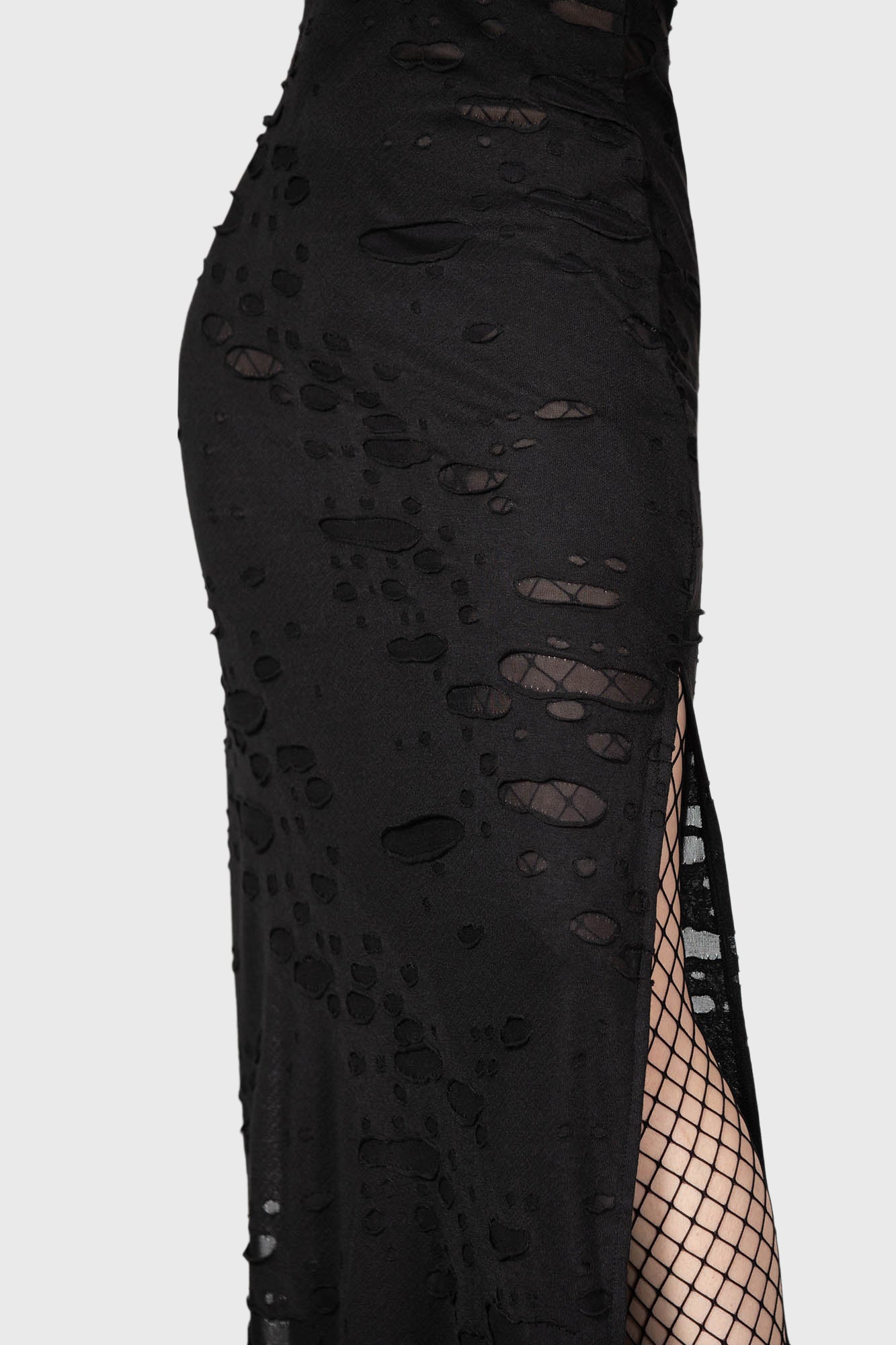 KILLSTAR Biters Maxi Dress - Distressed Gothic Cold Shoulder